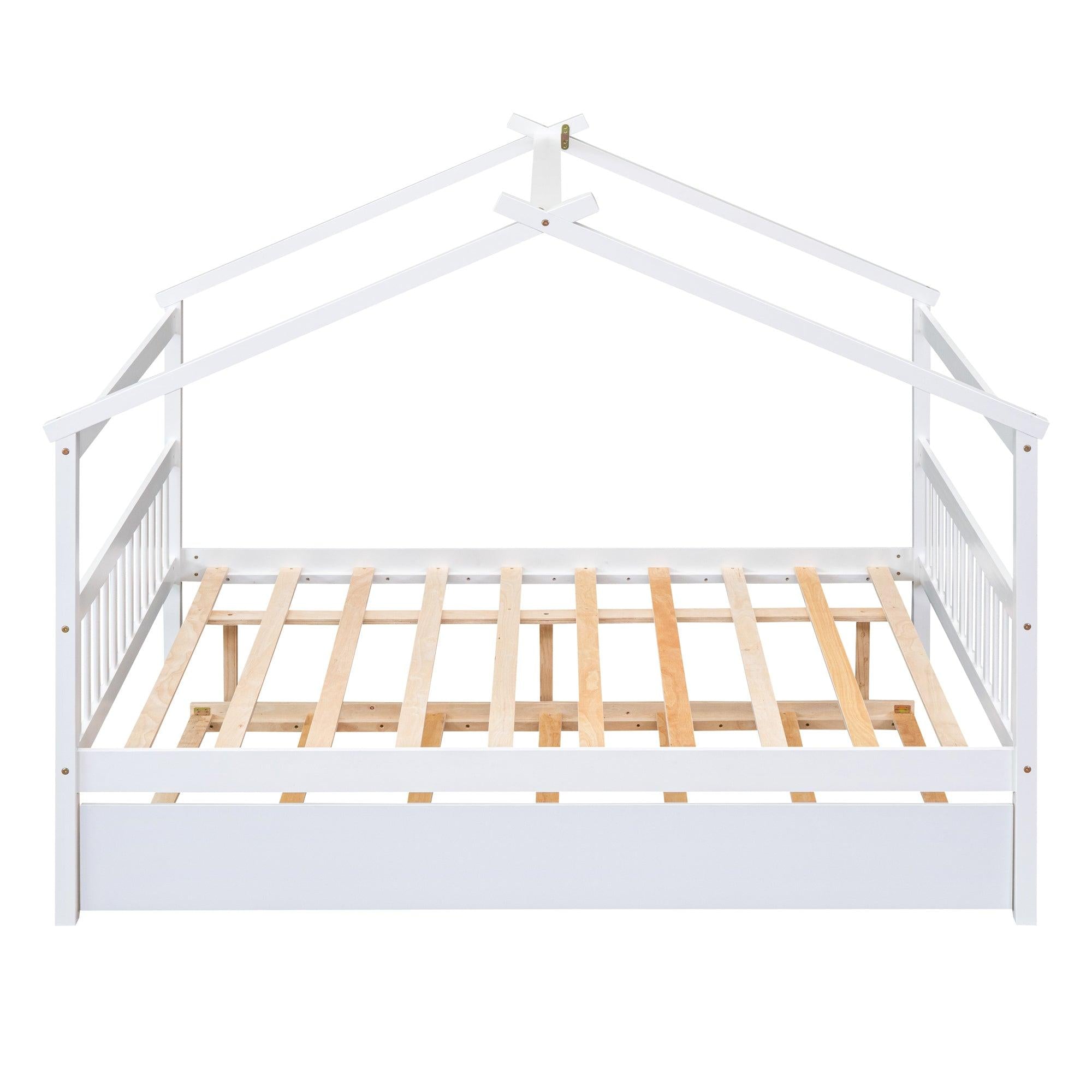 Full Size Wooden House Bed with Twin Size Trundle, White