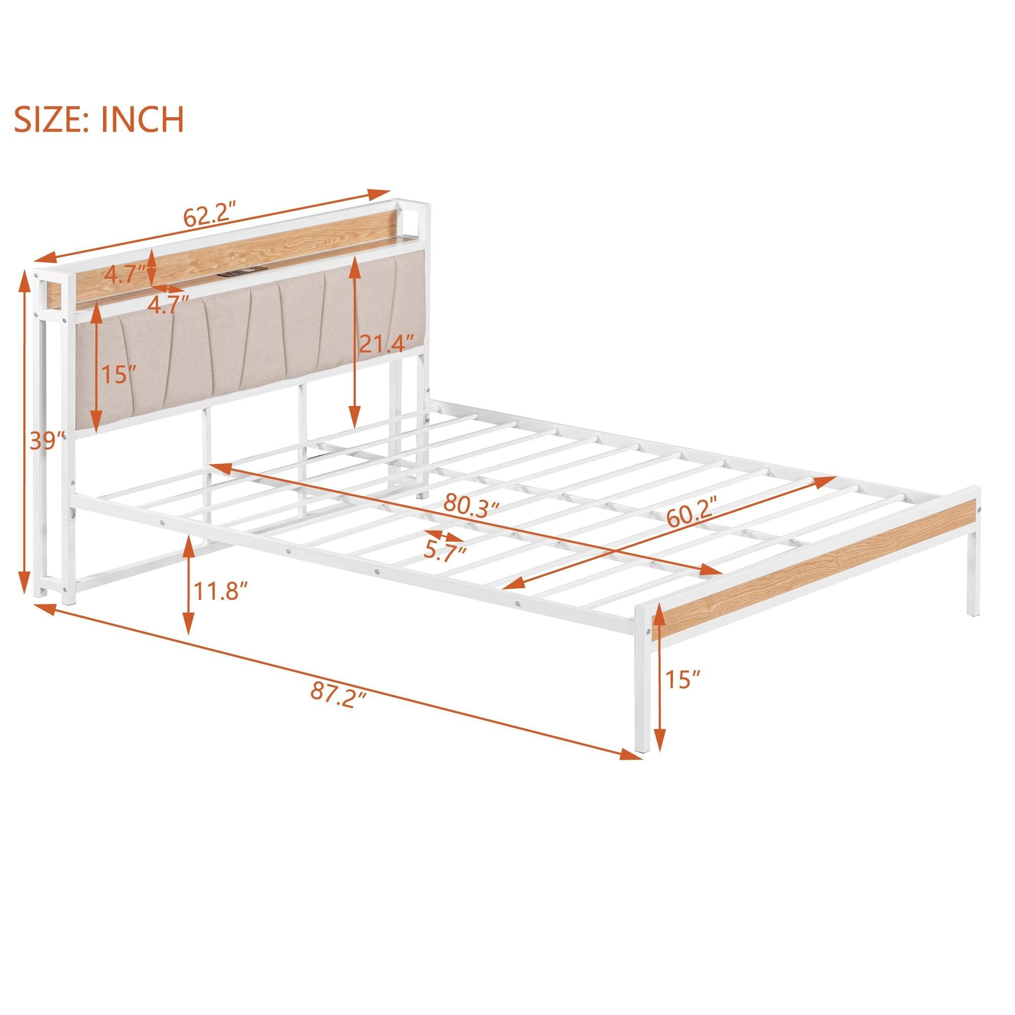 Queen Size Metal Platform Bed Frame with Upholstered headboard ，Sockets, USB Ports and Slat Support ,No Box Spring Needed，White