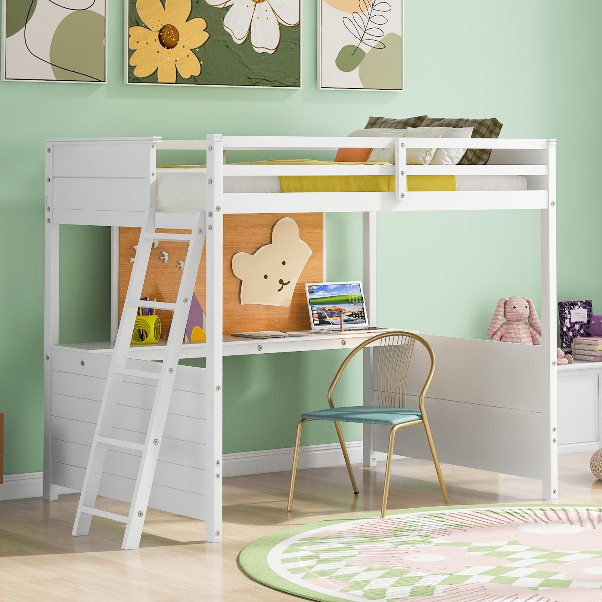 Full size Loft Bed with Desk and Writing Board, Wooden Loft Bed with Desk - White image