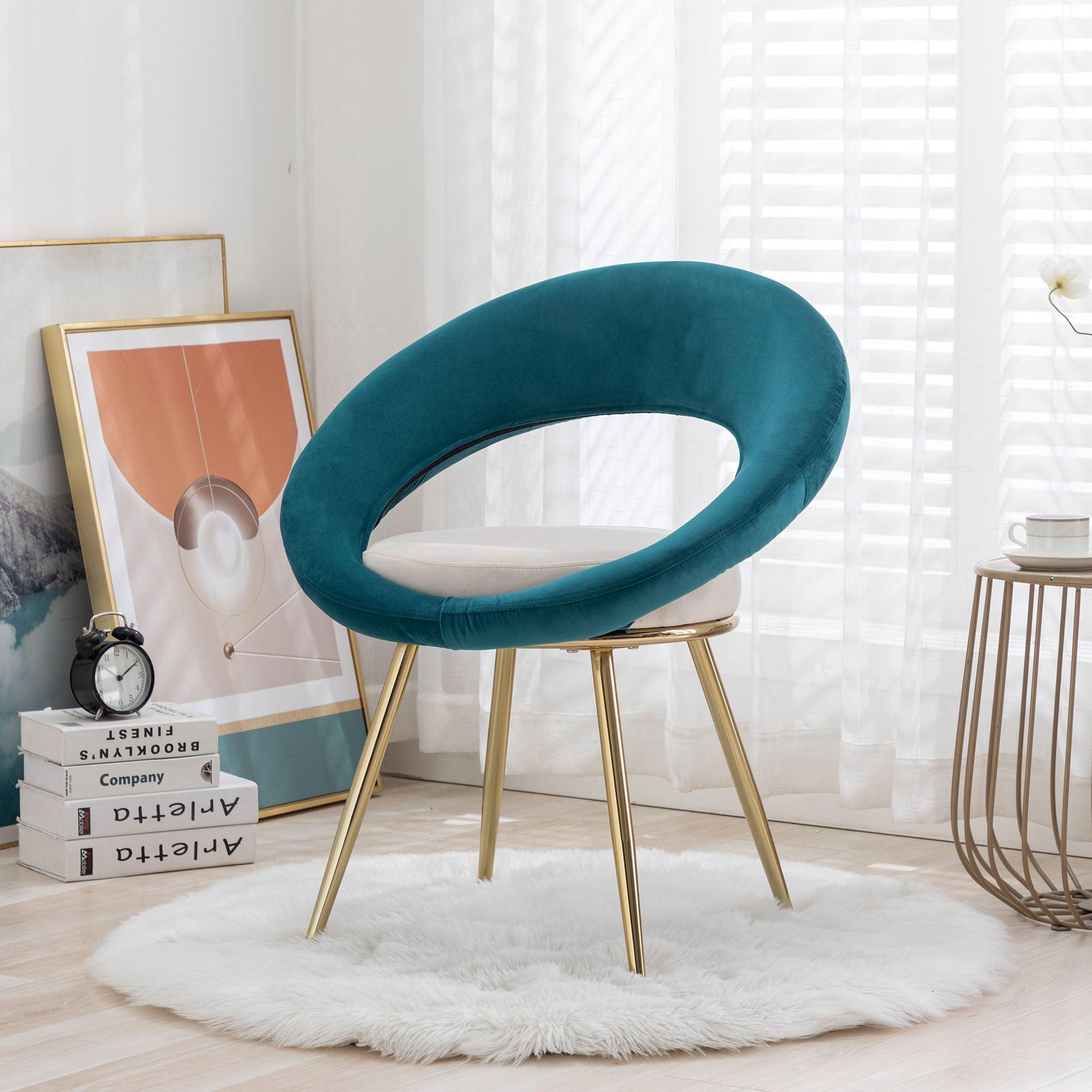 Peacock Blue+Off-White VelvetModern accent/Conversation Lounge Chair With  Gold Plated Legs, unique appearance，Suitable For Office, Lounge, Living Room