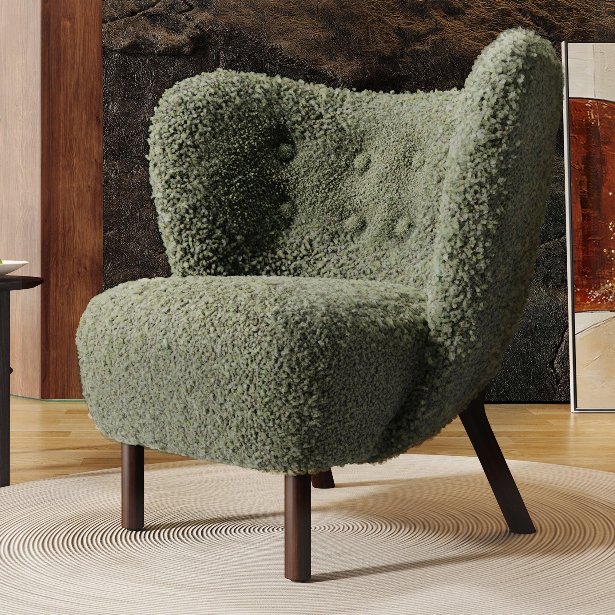 Modern Accent Chair Lambskin Sherpa Wingback Tufted Side Chair with Solid Wood Legs for Living Room Bedroom，Seaweed Green image