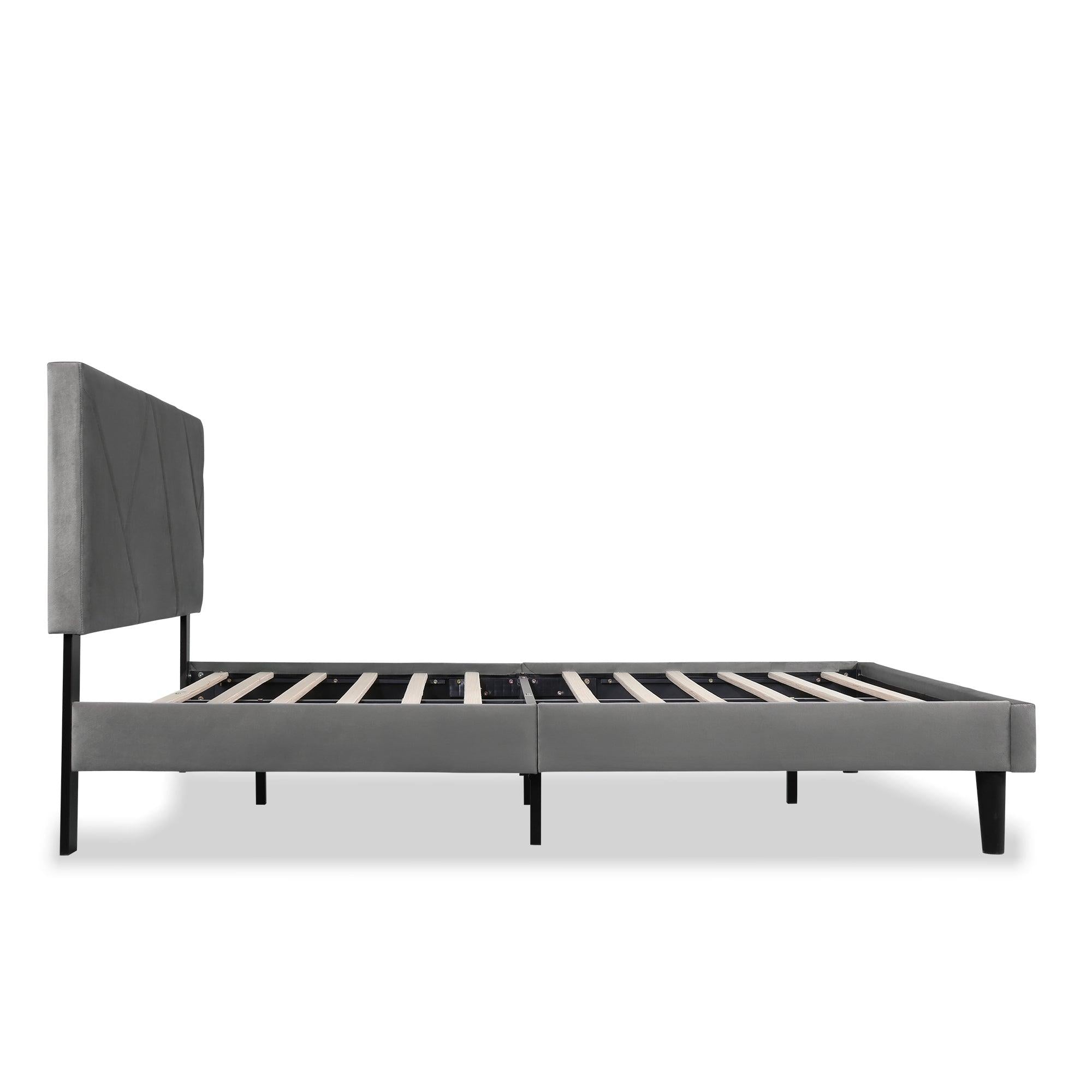 Queen Size Linen Dark Grey Sqaure Upholstered Platform Bed With Slat Support.