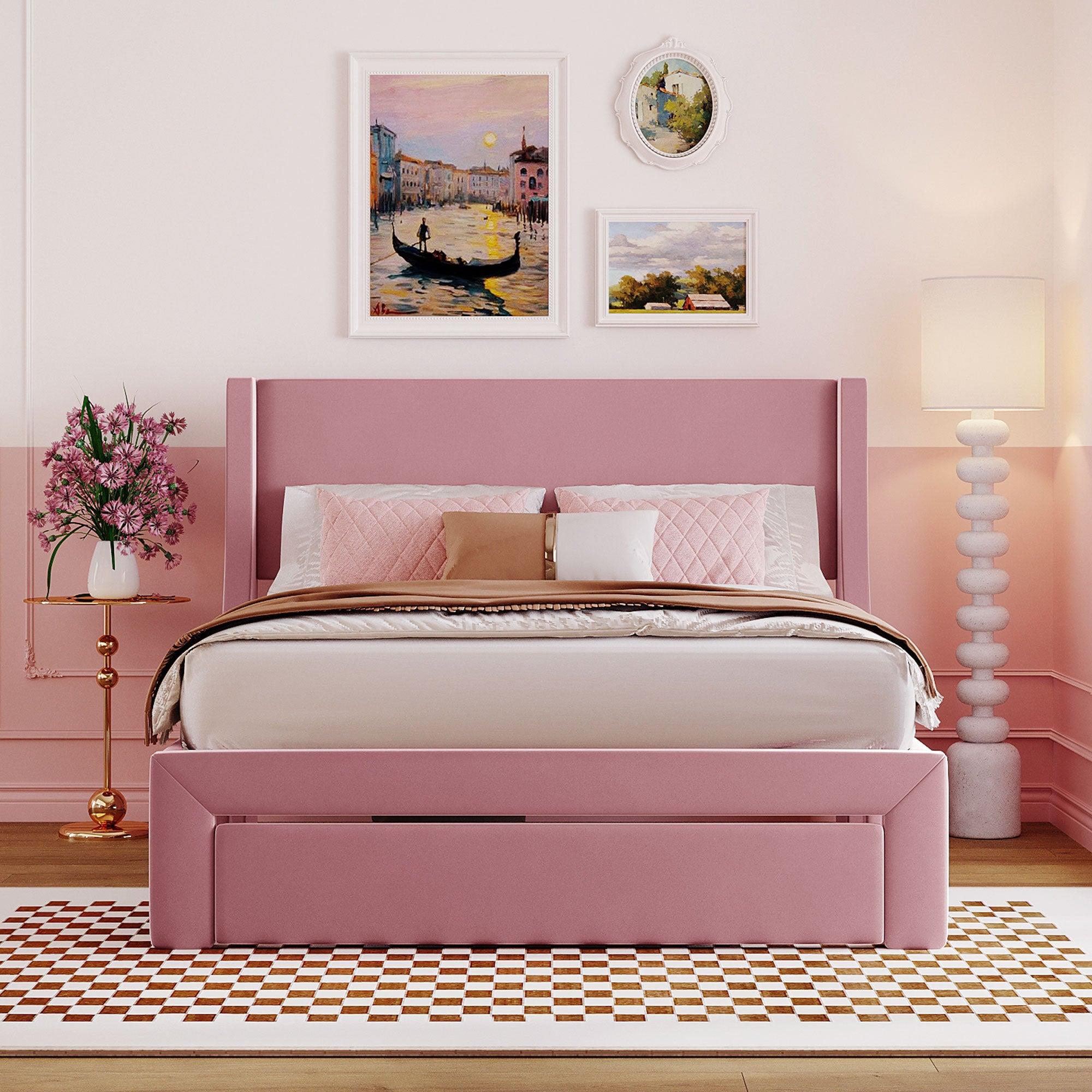 Full SizeStorage Bed Velvet Upholstered Platform Bed with a Big Drawer - Pink