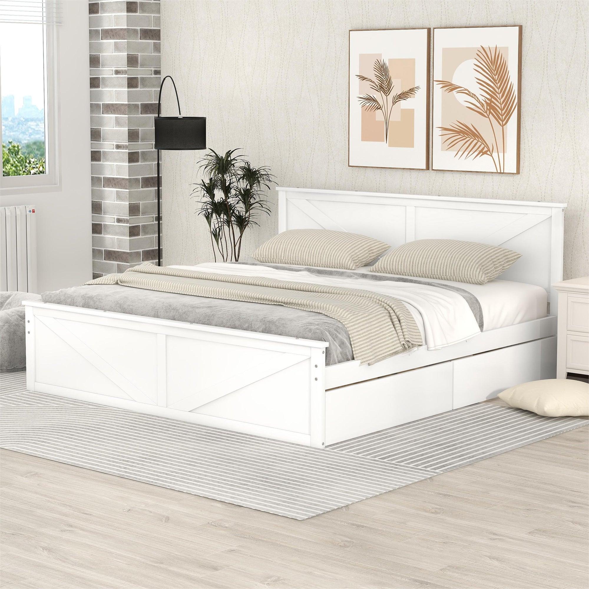 King Size Wooden Platform Bed with FourStorage Drawers and Support Legs, White