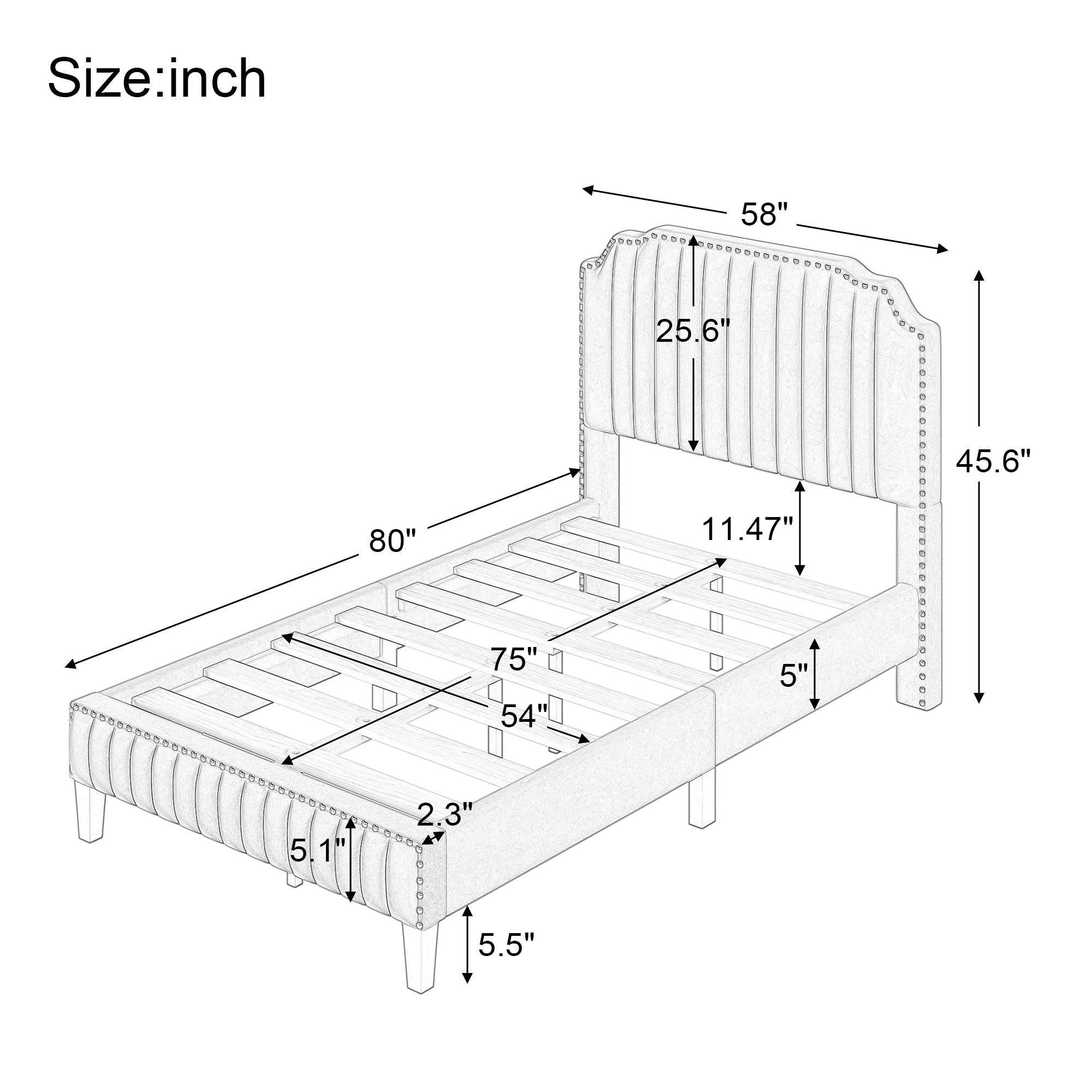 Modern Velvet Curved Upholstered Platform Bed , Solid Wood Frame , Nailhead Trim, Green (Full)