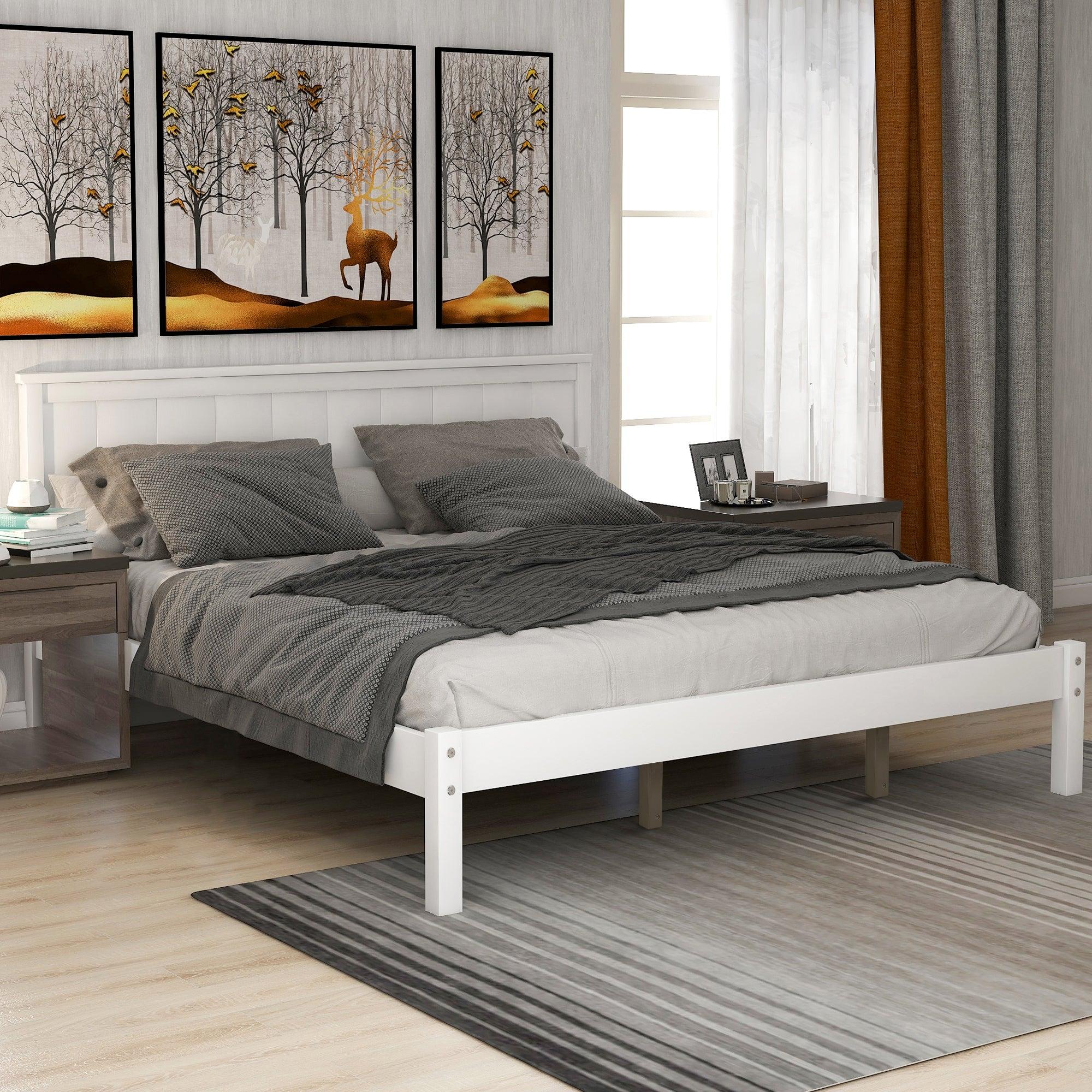 Platform Bed Frame with Headboard , Wood Slat Support , No Box Spring Needed ,Queen,White image