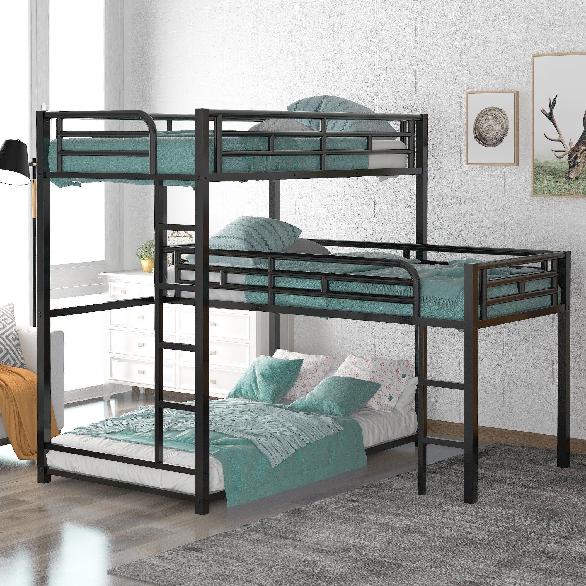 L-shaped Metal Triple Twin Size Bunk Bed, Black image