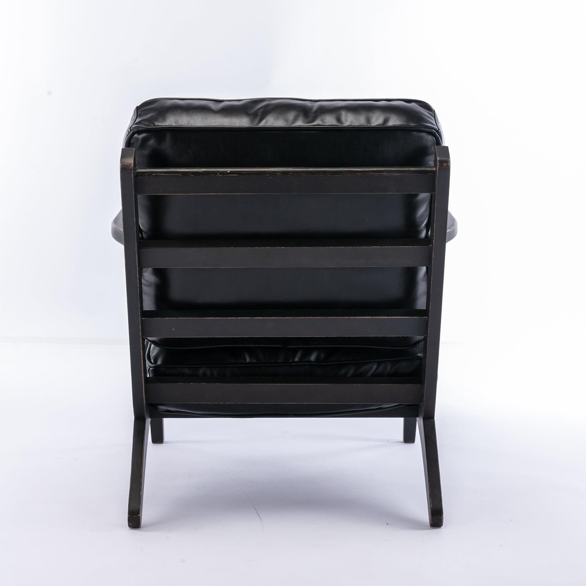 solid wood  black antique painting removable cushion arm chair, mid-century PU leather accent chair