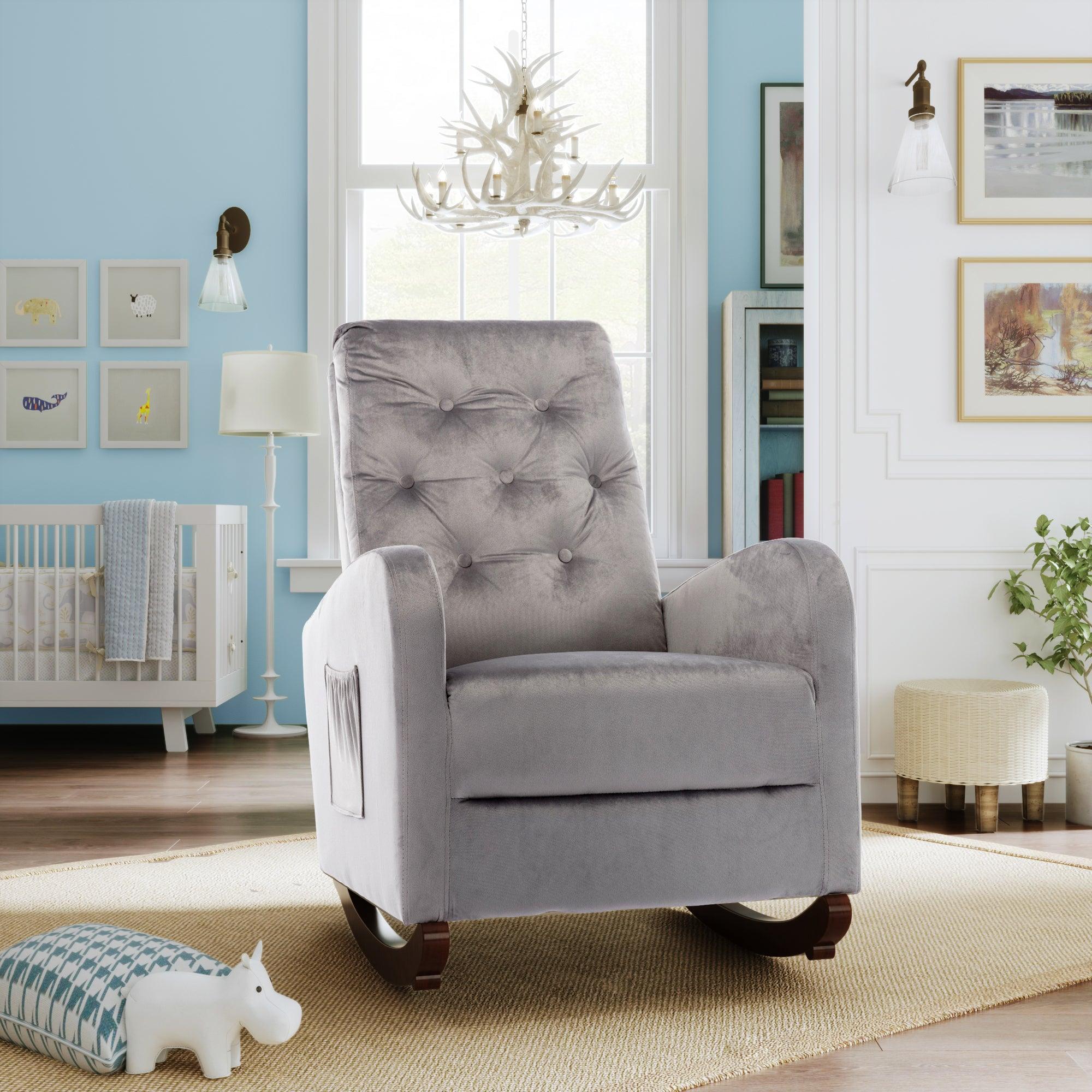 Baby Room High Back Rocking Chair Nursery Chair , Comfortable Rocker Fabric Padded Seat ,Modern High Back Armchair image