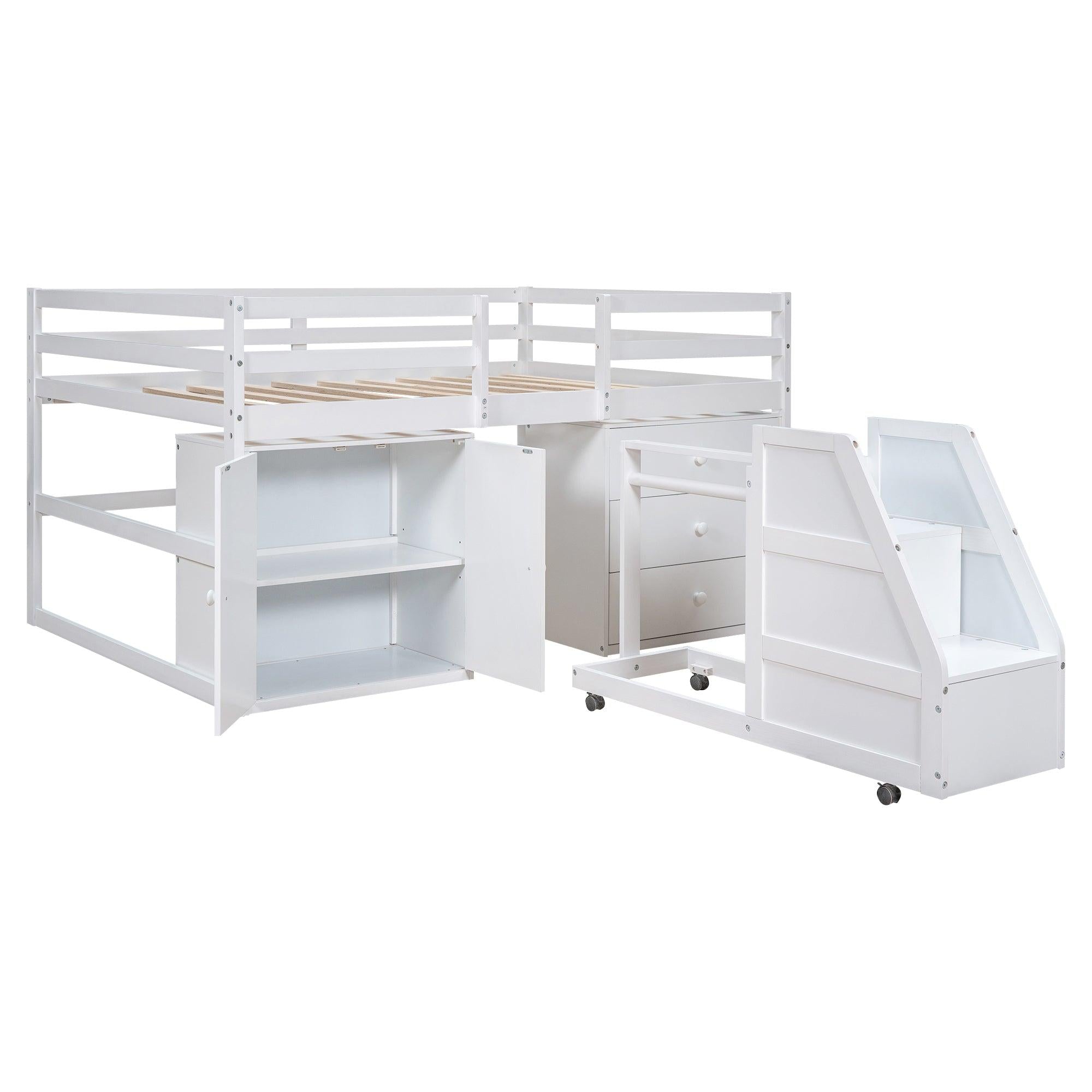 Full Size Functional Loft Bed with Cabinets and Drawers, Hanging Clothes at the back of the Staircase, White