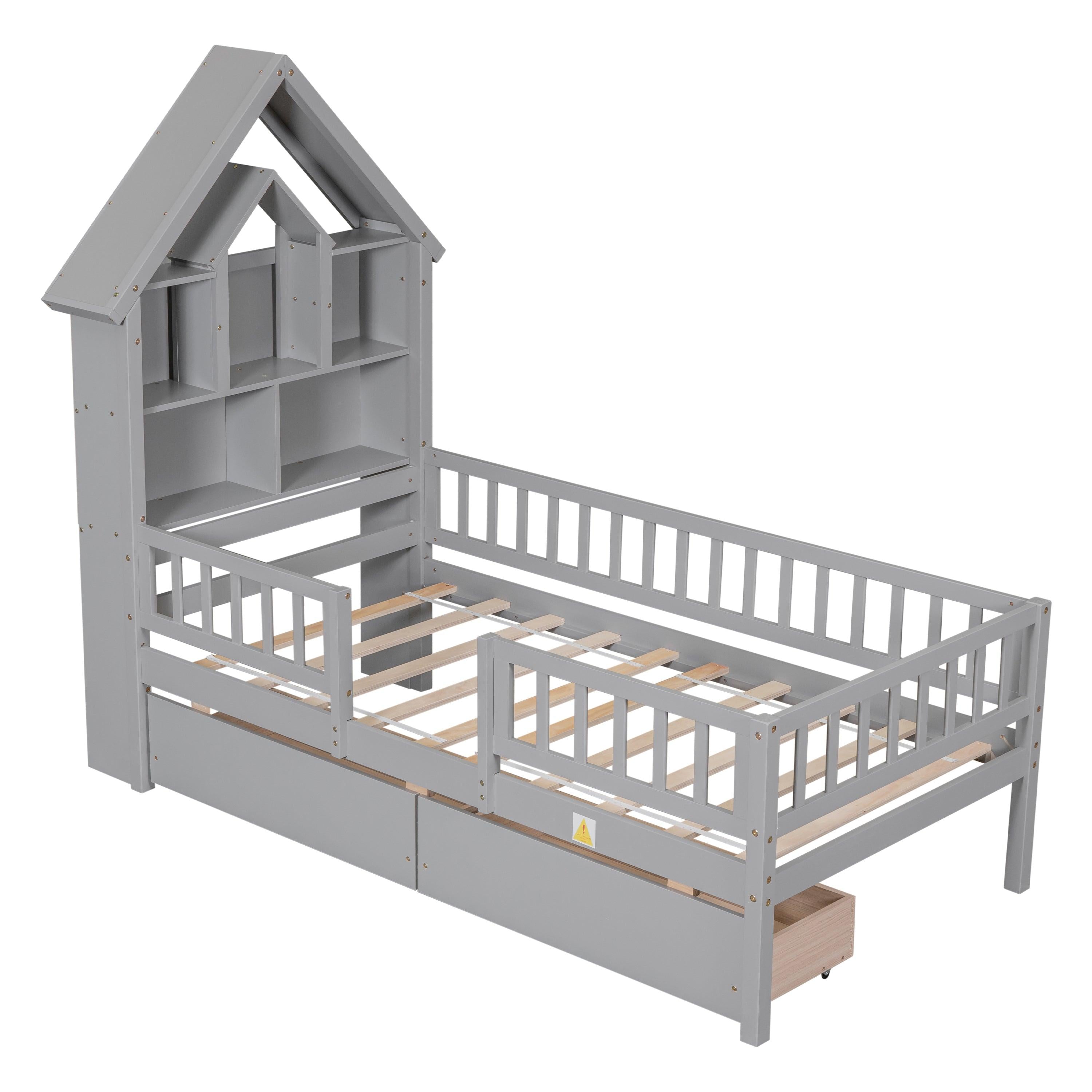 Twin Size House-Shaped Headboard Bed with Fence Guardrails and Drawers ,Gray