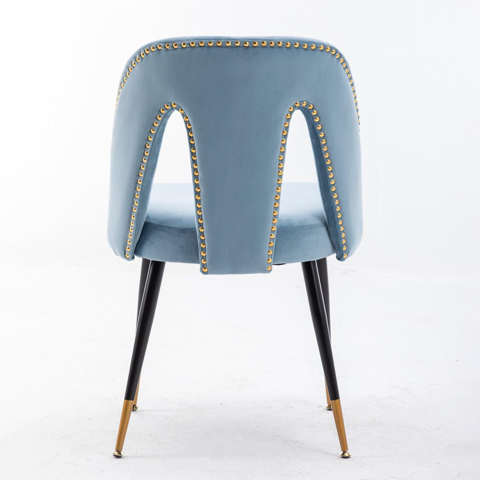 Akoya CollectionModern | Contemporary Velvet Upholstered Dining Chair with Nailheads and Gold Tipped Black Metal Legs, Light Blue，Set of 2