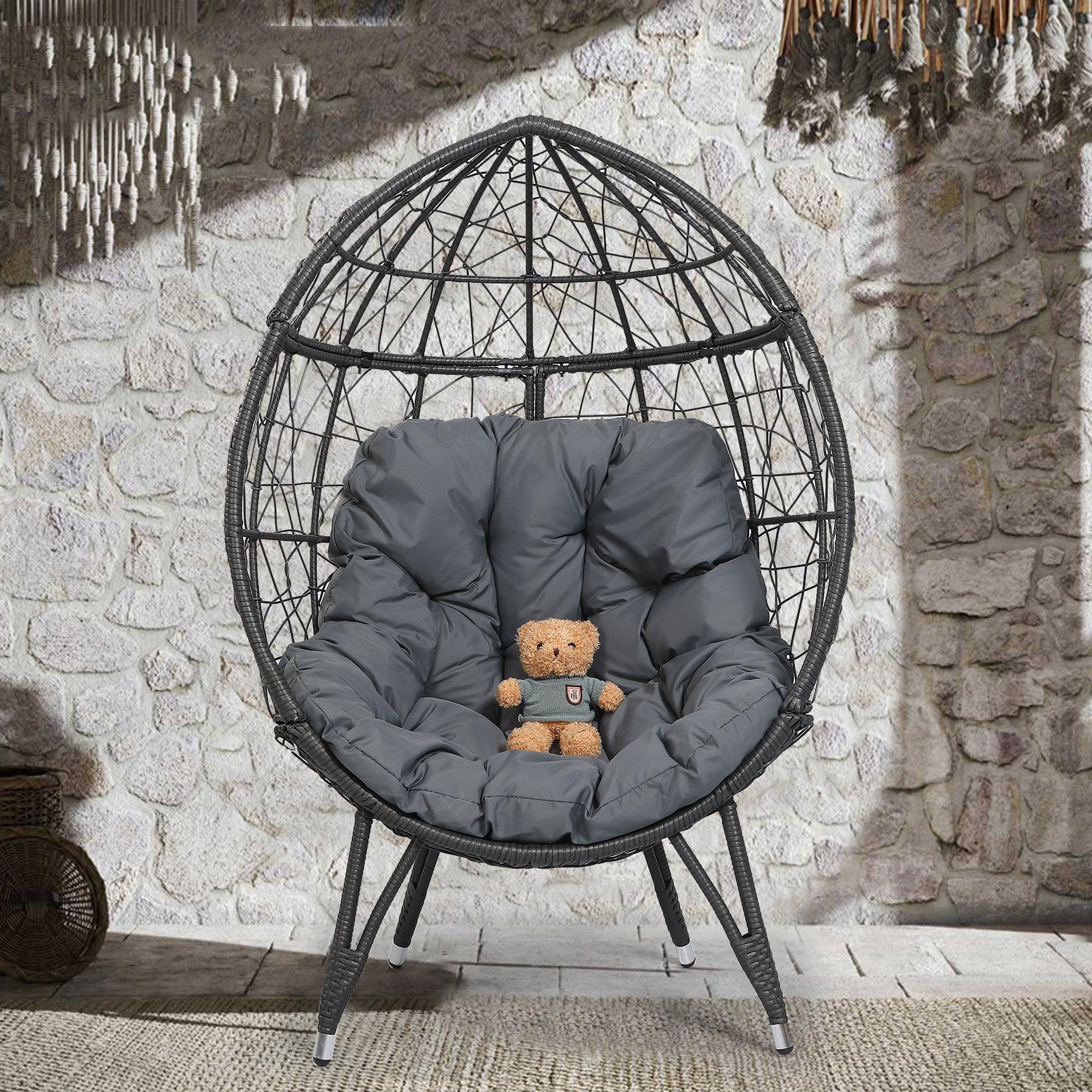 Outdoor Patio Wicker Egg Chair Indoor Basket Wicker Chair with Grey Cusion for Backyard Poolside