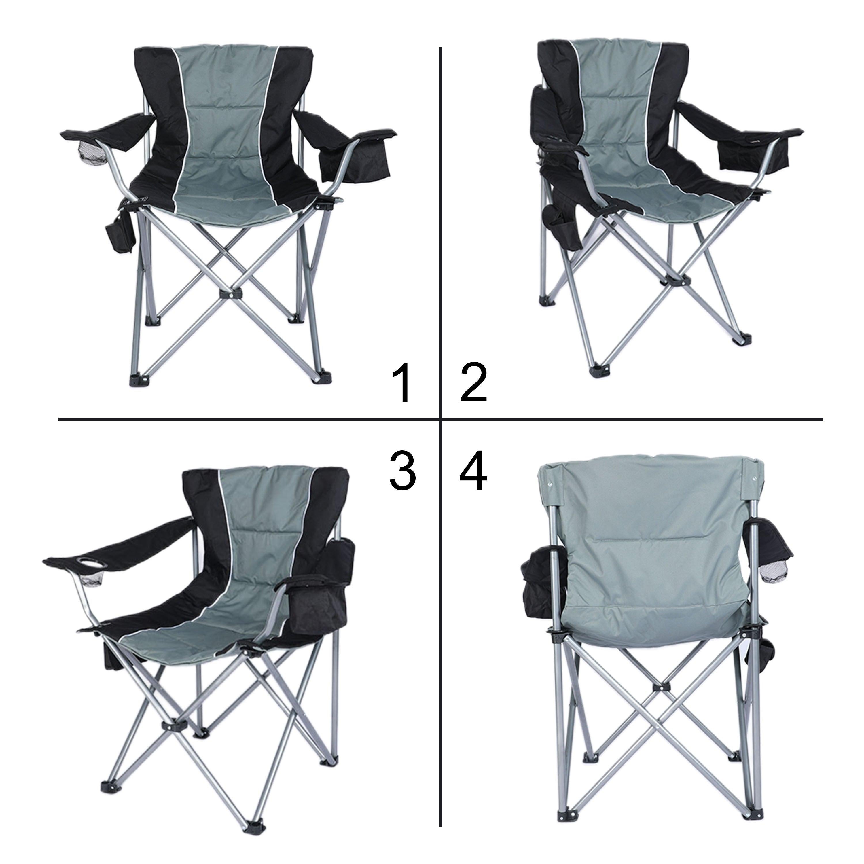 Oversized Camping Folding Chair with Cup Holder, Side Cooler Bag, Heavy Duty Steel Frame Fully P Added Quad Armchair for Outdoors, 1-Pack, Grey