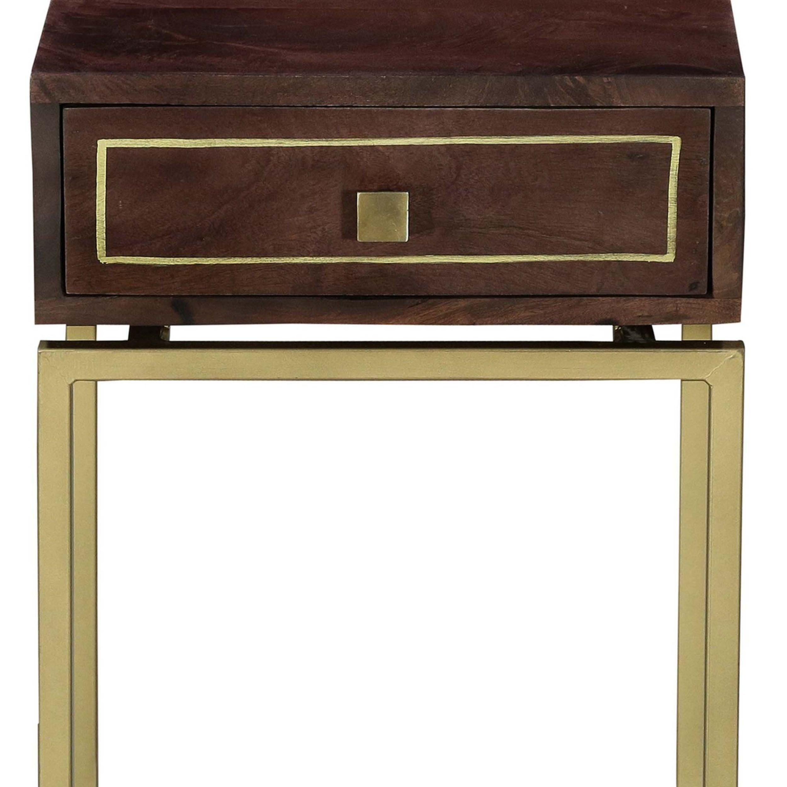 Ellis 16 Inch Side Table with 1 Drawer and Brass Metal Legs, Brown, Matte Gold