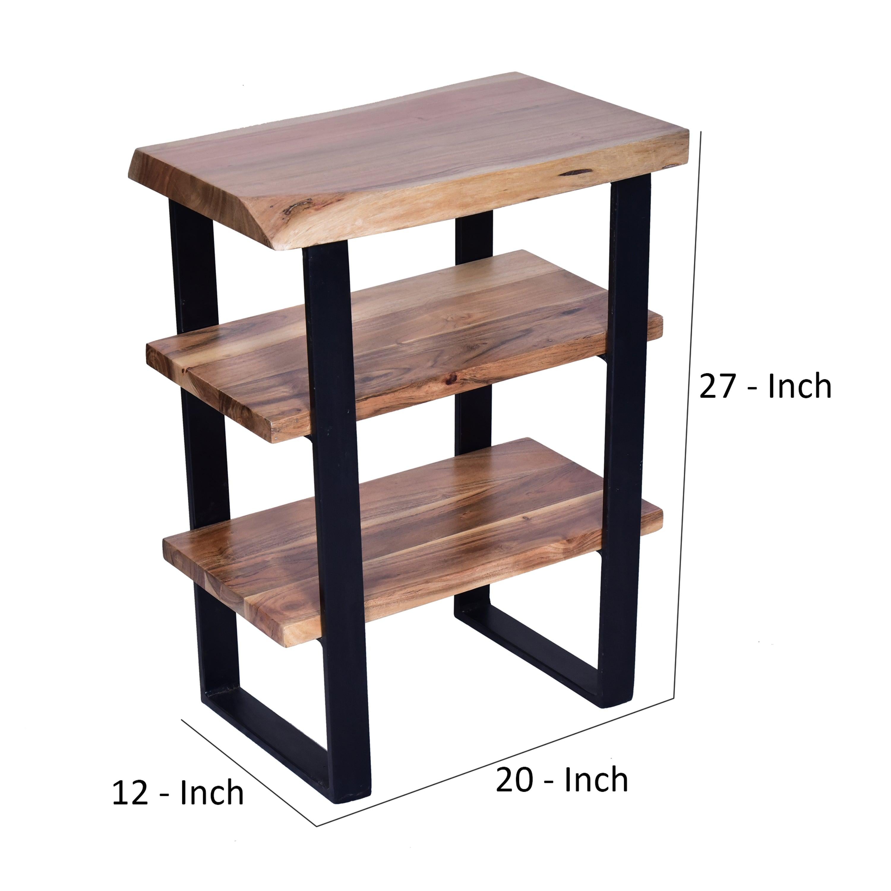 20 Inches Industrial End Side Table with Artisinal Live Edge Wood, Metal Legs, Brown, Black