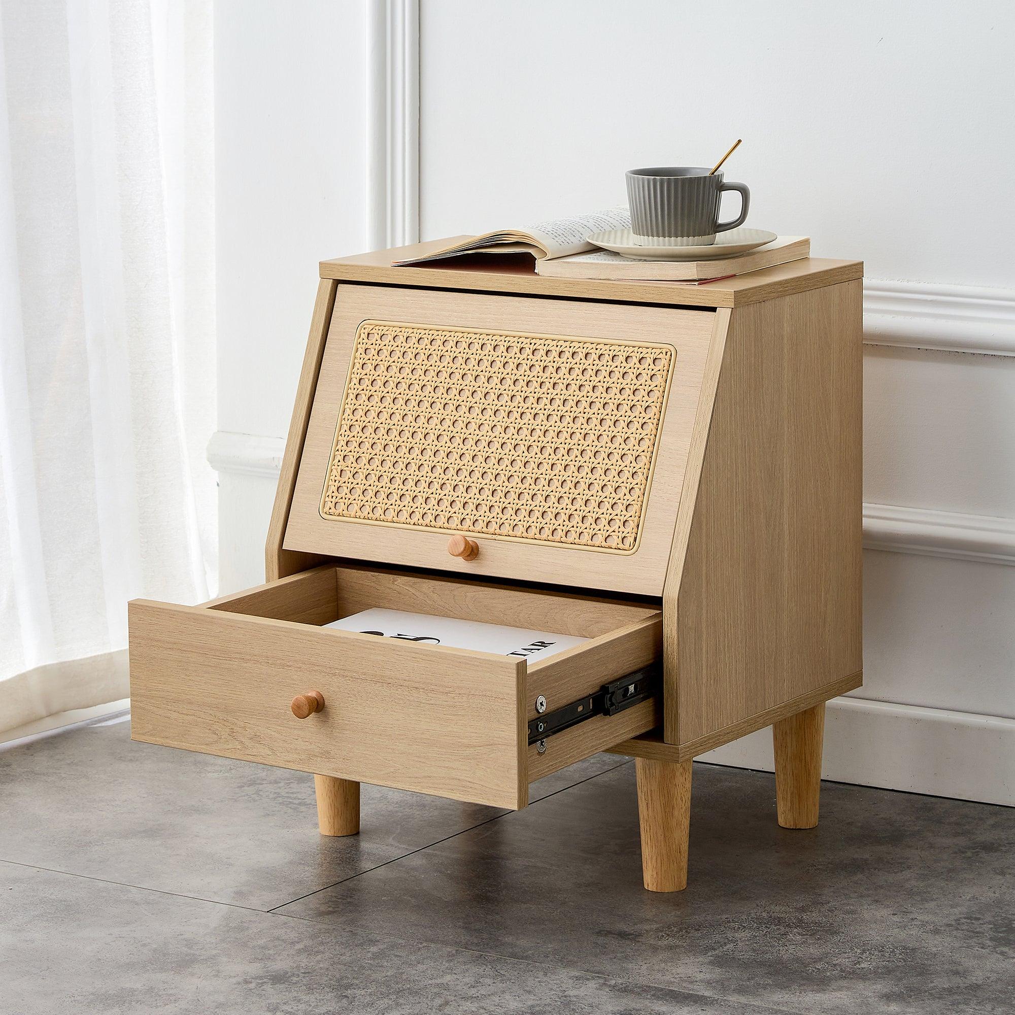 Modern simpleStorage cabinet MDF Board bedside cabinet Japanese rattan bedside cabinet Small household furniture bedside table.Applicable to dressing table in bedroom, porch, living room.2 Drawers