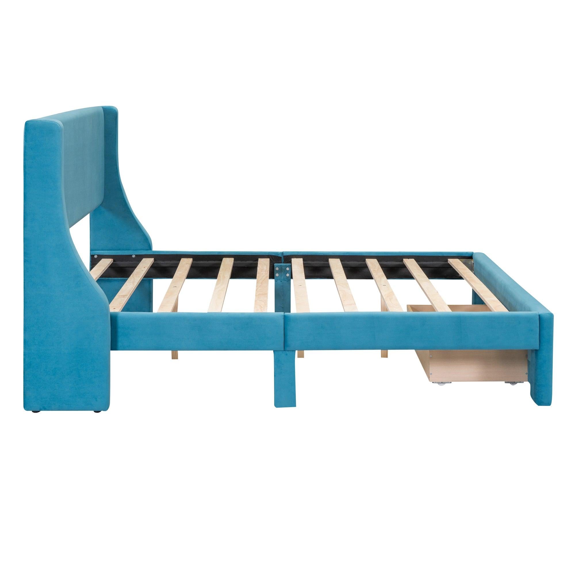 Full SizeStorage Bed Velvet Upholstered Platform Bed with a Big Drawer - Blue