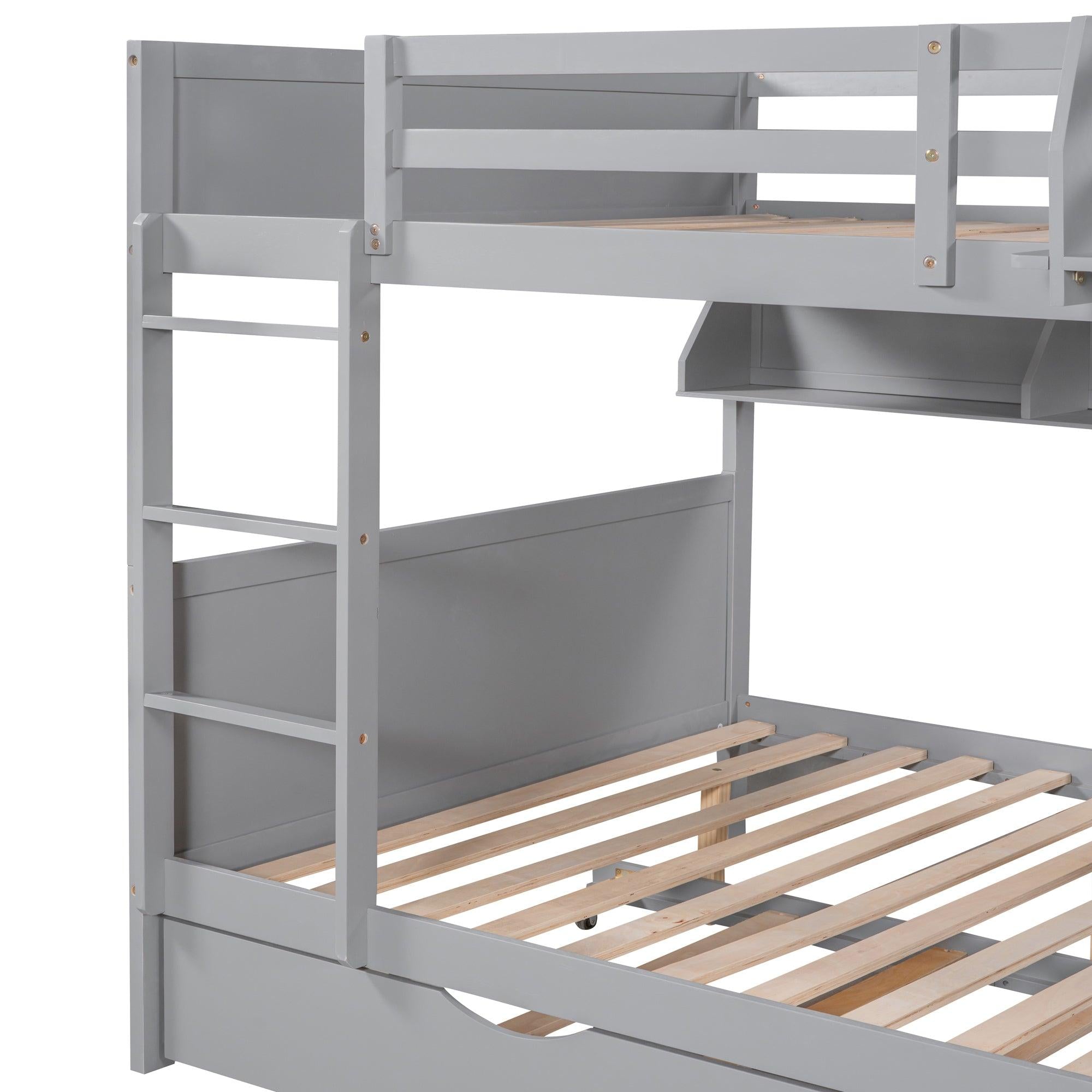 Full-Over-Full Bunk Bed with Twin size Trundle , Separable Bunk Bed with Bookshelf for Bedroom-Gray