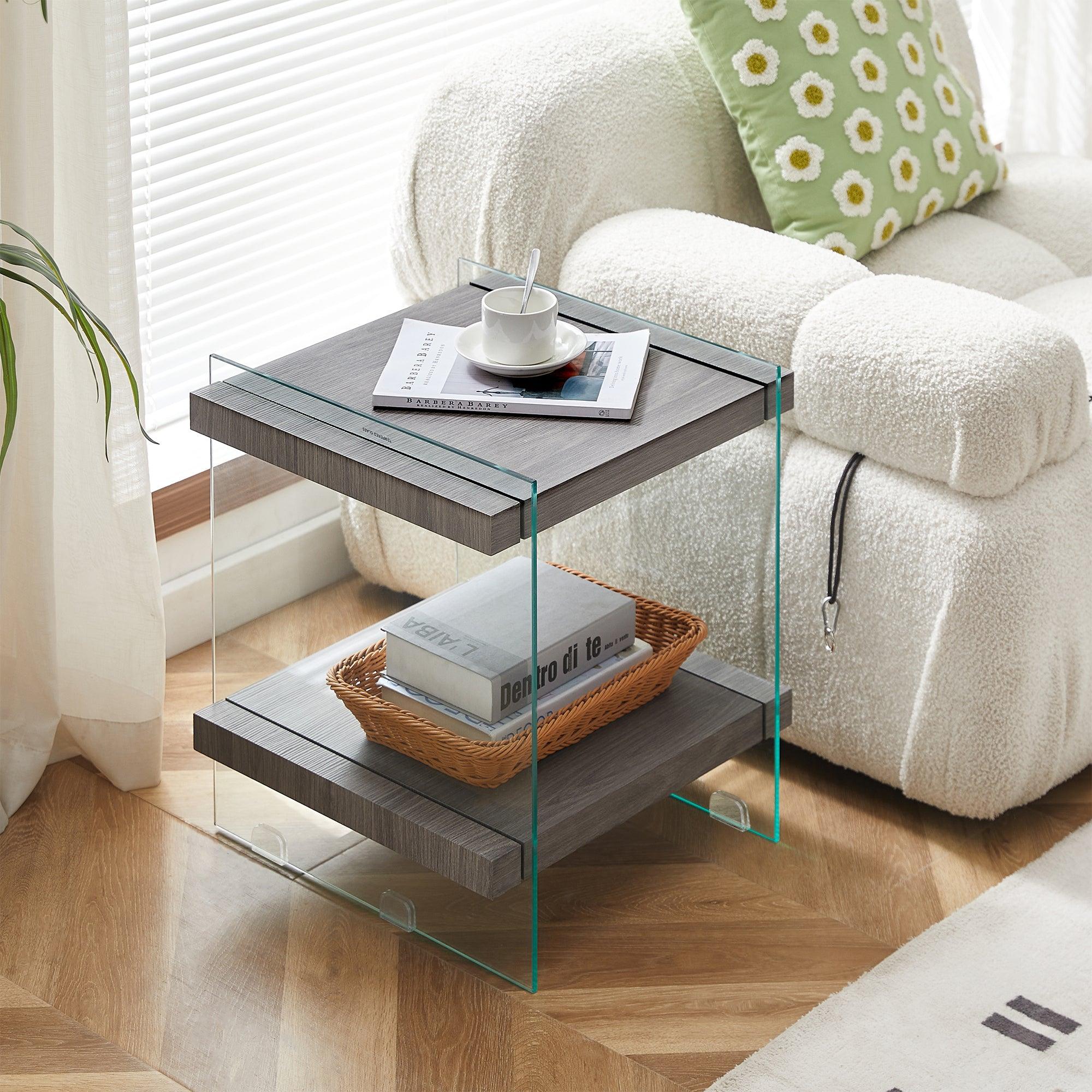 17.72" Sleek and Sturdy Tempered Glass Leg Side Table with Dual MDF Shelves,Modern nightstand  end table for living roon, bedroom, transparent/gray