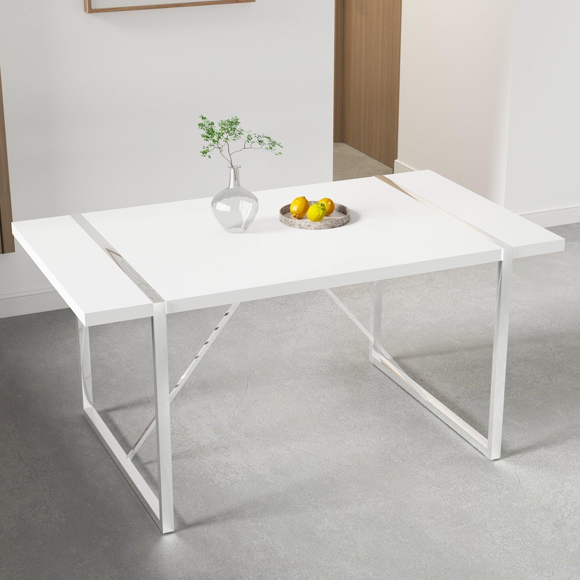 Dining Table.Rustic Industrial Rectangular MDF Wood White Dining Table For 4-6 Person, With 1.6" Thick Engineered Wood Tabletop and plating Metal Legs, For writing DeskKitchen terrace Dining  Room