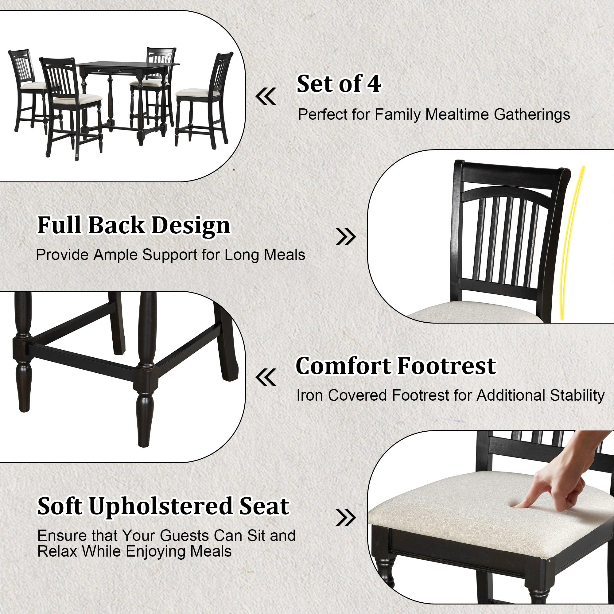 Mid-Century Farmhouse 5-Piece Wood Dining Table Set Counter Height Kitchen Furniture Set withStorage Drawers and 4 Upholstered Chairs,Espresso