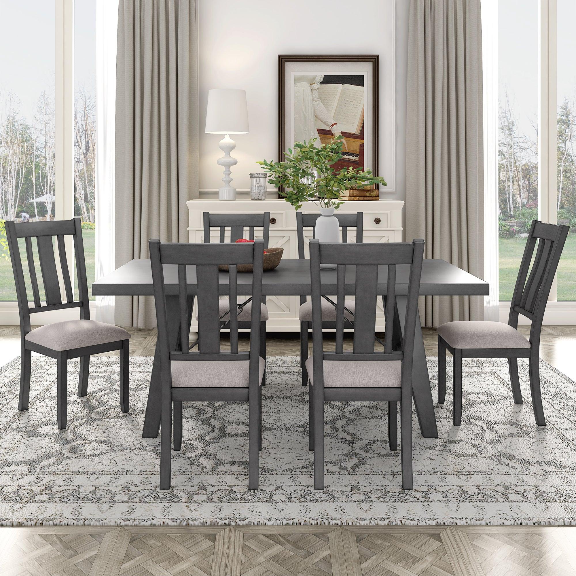 7-Piece Dining Room Set - 72" Industrial Style Rectangular Table with Chain Bracket and 6 Dining Chairs (Gray)