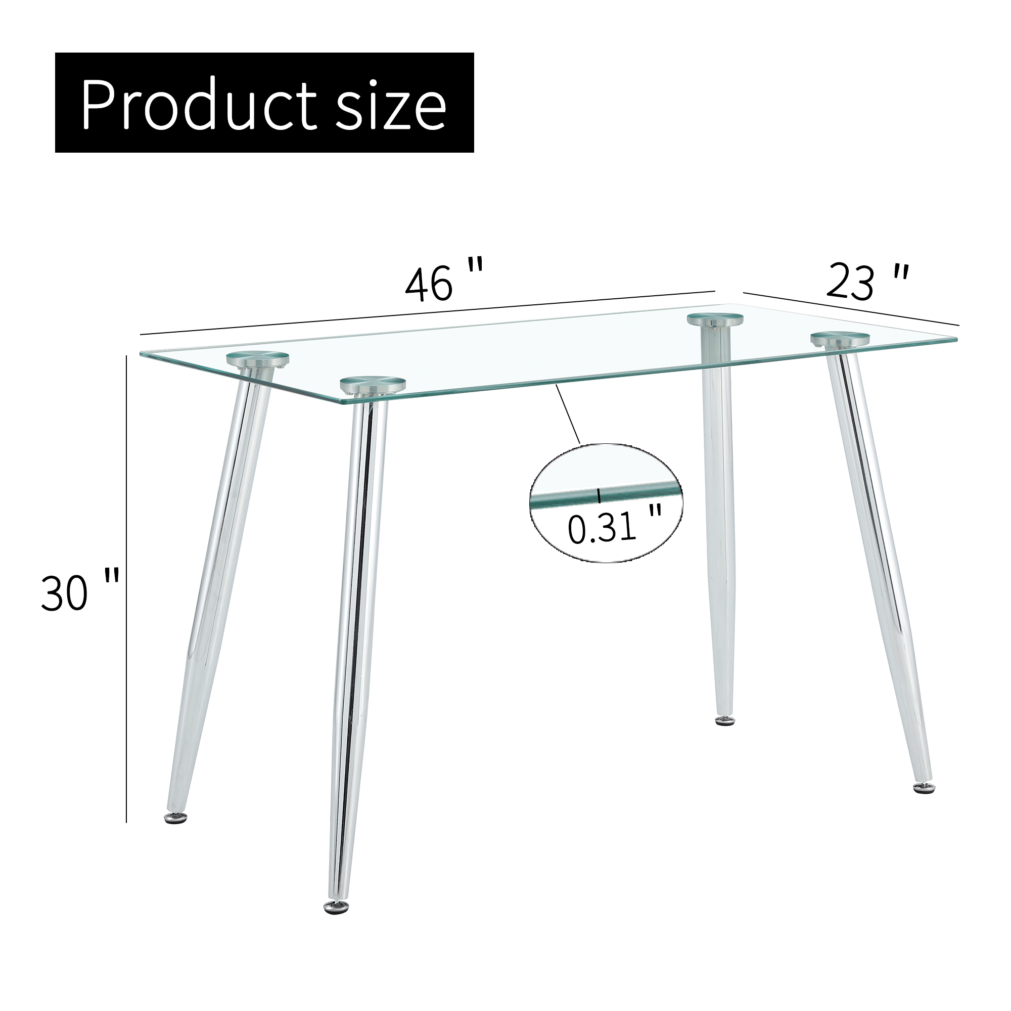 Glass  Dining TableModern Minimalist Rectangular for 4-6 with 0.31" Tempered Glass Tabletop and Silver Chrome Metal Legs, Writing Table Desk, for Kitchen Dining Living Room, 46" W x 23"D x 30" H