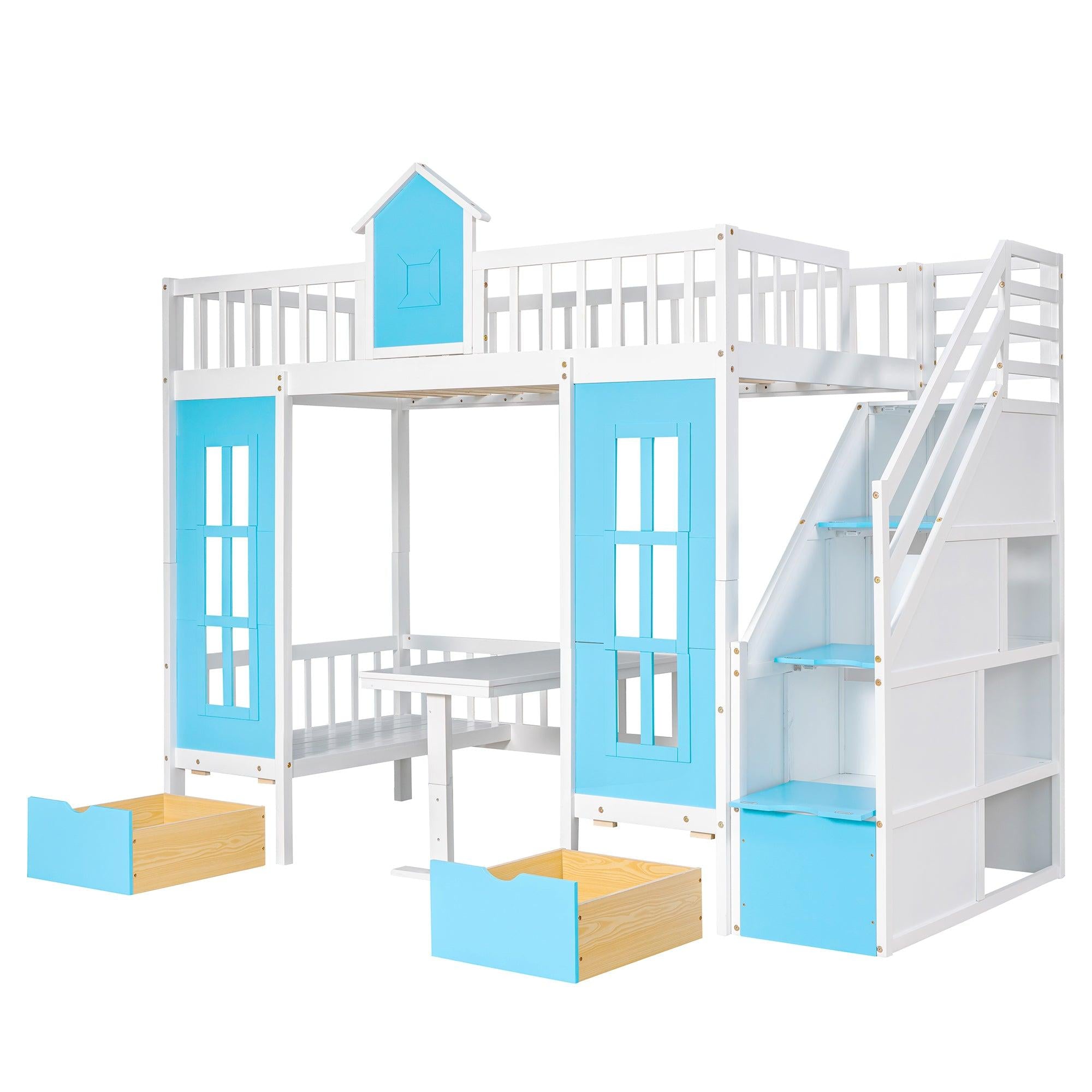 Twin-Over-Twin Bunk Bed with Changeable Table , Bunk Bed  Turn into Upper Bed and Down Desk with 2 Drawers - Blue