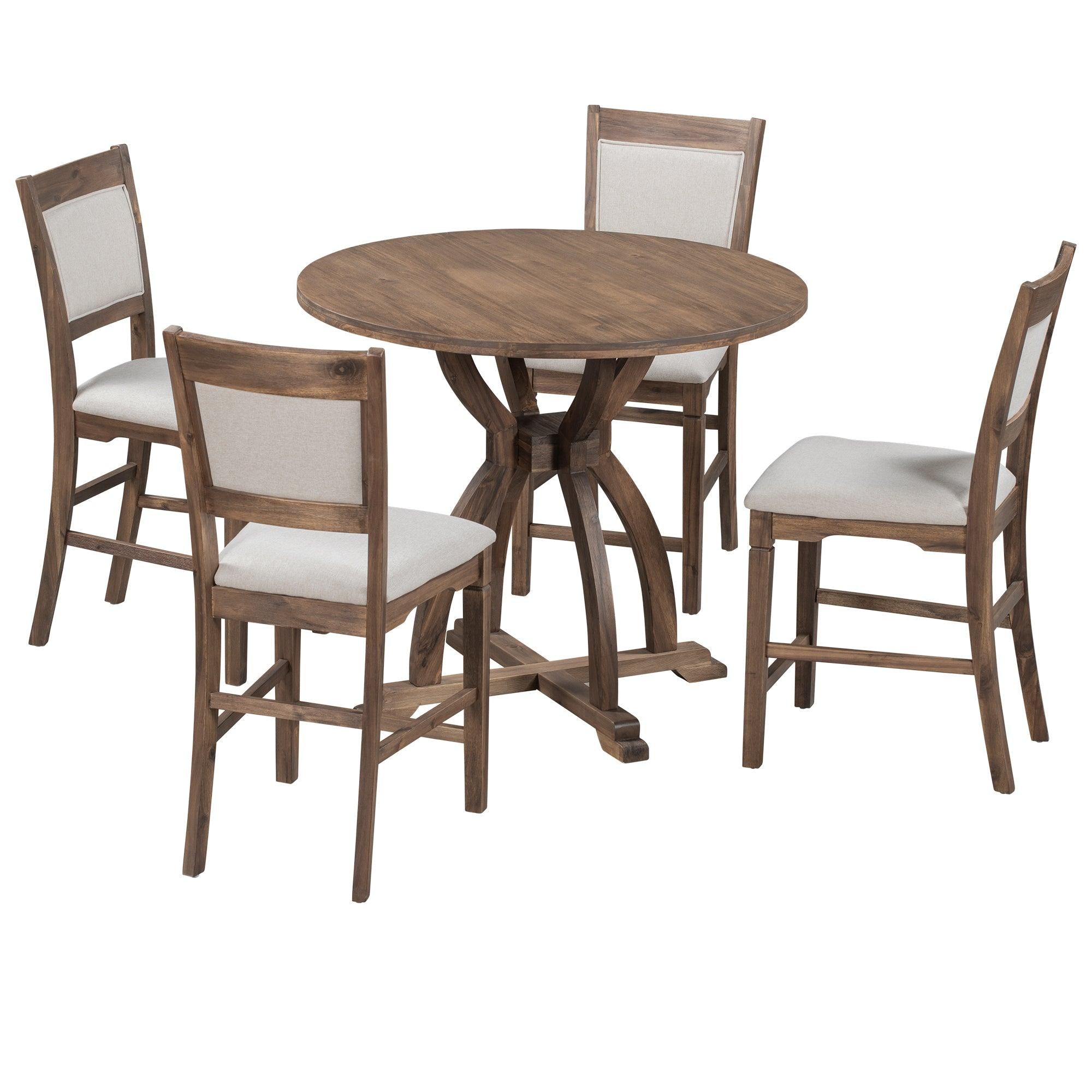 Farmhouse 5-Piece Round Dining Table Set with Trestle Legs and 4 Upholstered Dining Chairs for Small Place, Brown