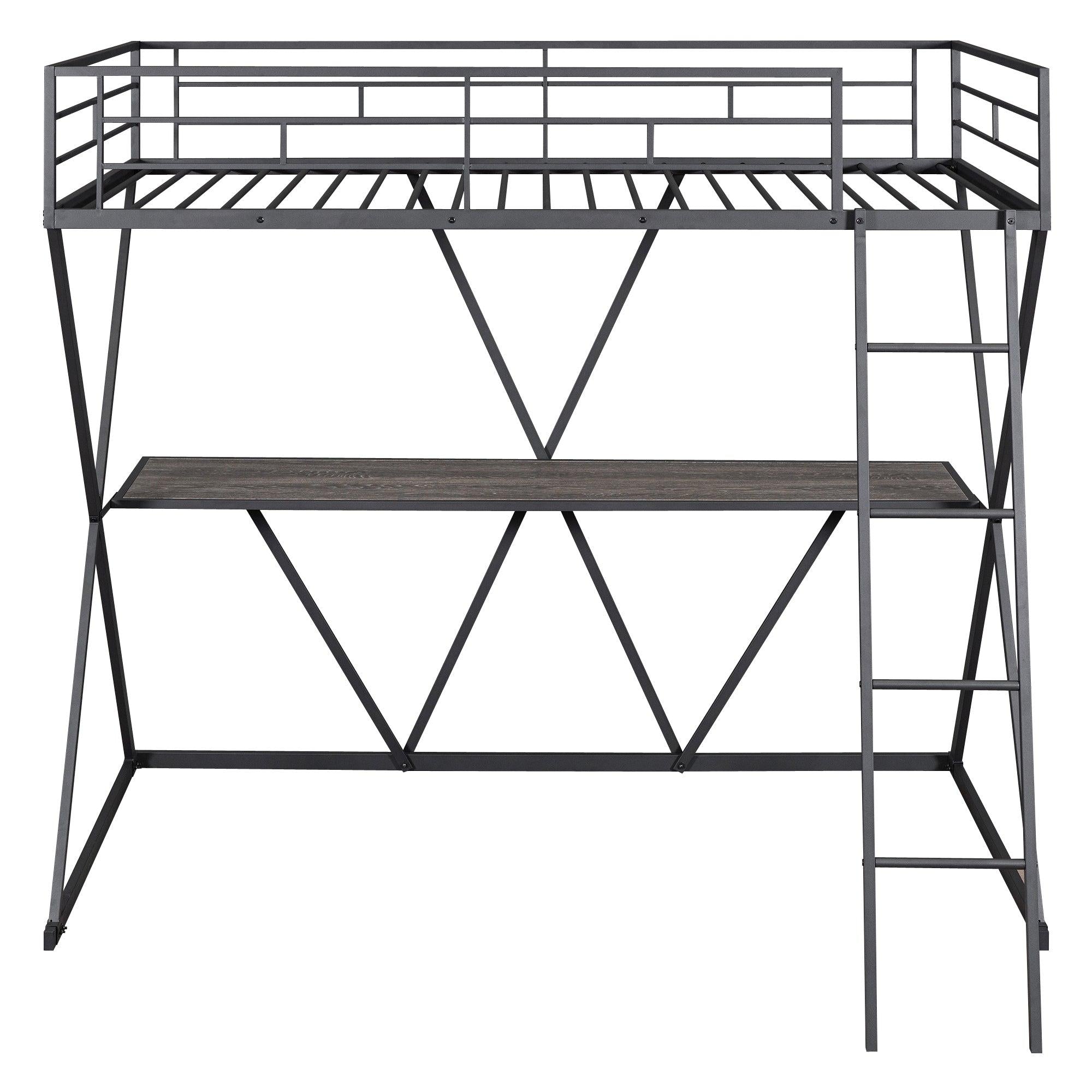 Twin Size Loft Bed with Desk, Ladder and Full-Length Guardrails, X-Shaped Frame, Black+B70608