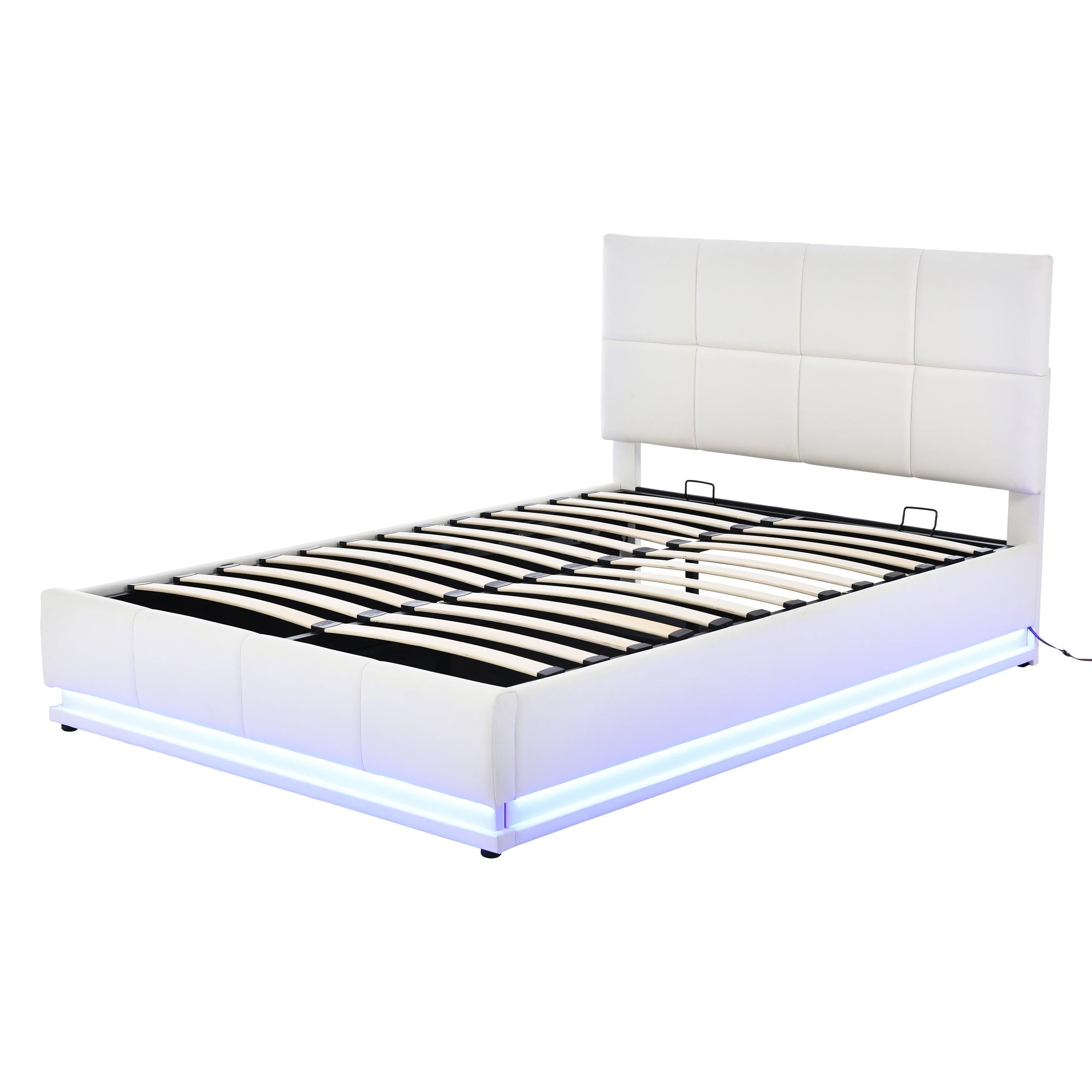 Tufted Upholstered Platform Bed with HydraulicStorage System,Queen Size PUStorage Bed with LED Lights and USB charger, White