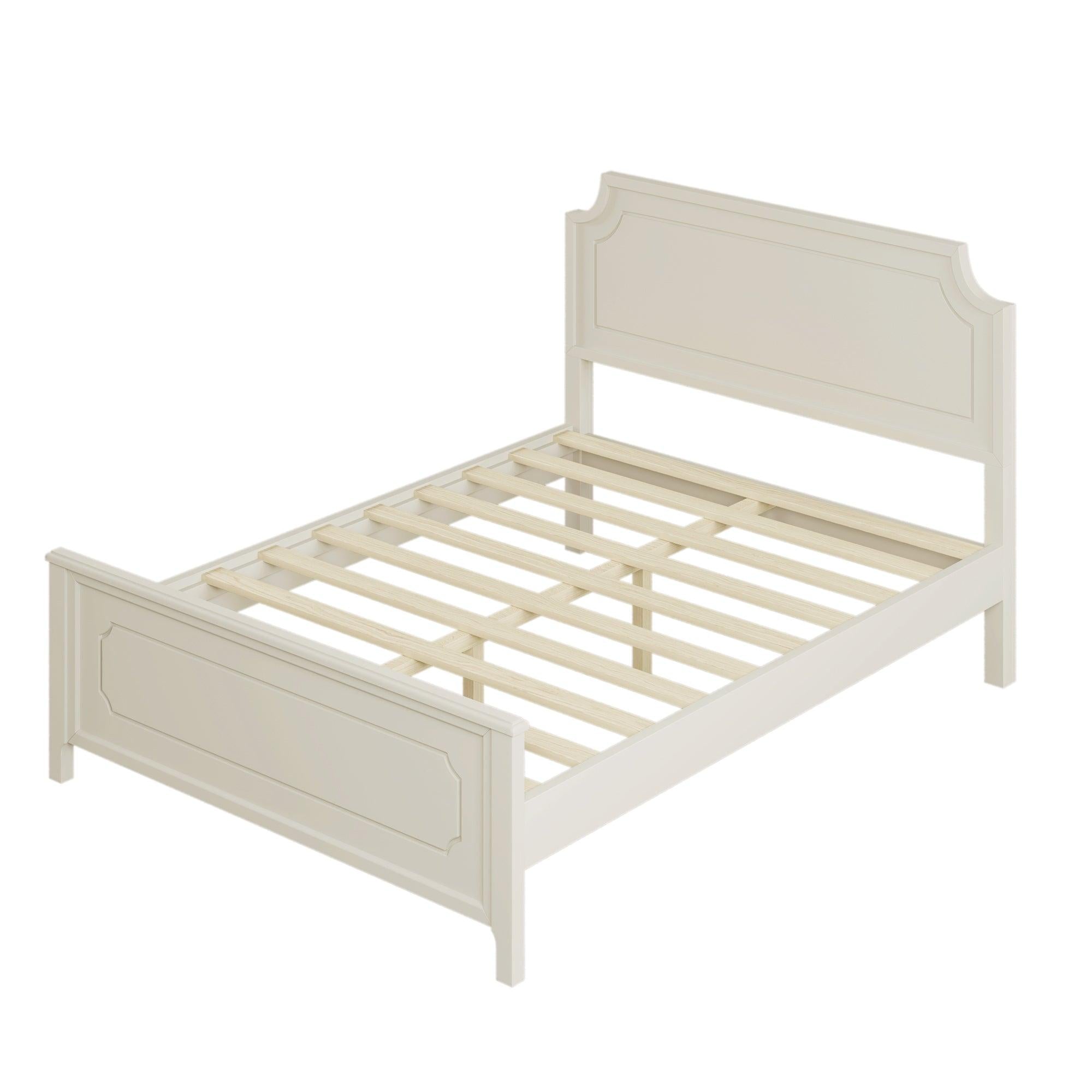 6 Pieces Bedroom Sets Milky White Solid Rubber Wood Queen Size Platform Bed with Nightstand*2, Chest, Mirror and Dresser