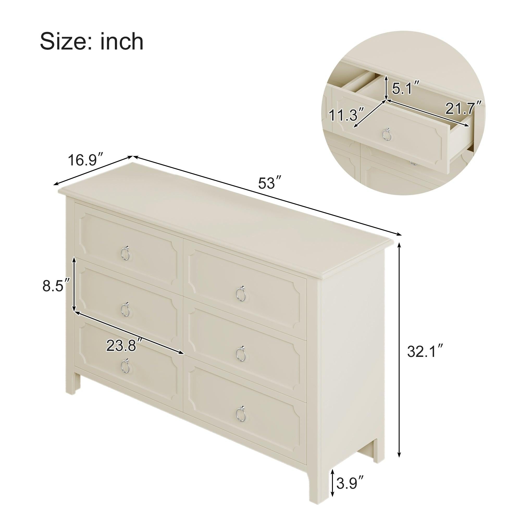 6 Pieces Bedroom Sets Milky White Solid Rubber Wood Queen Size Platform Bed with Nightstand*2, Chest, Mirror and Dresser