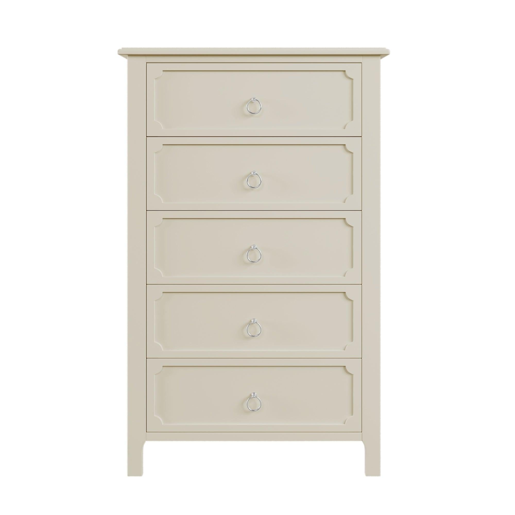 Milky White Rubber Wooden Chest Five Large Drawers Silver Metal Handles for Living Room Guest Room Bedroom