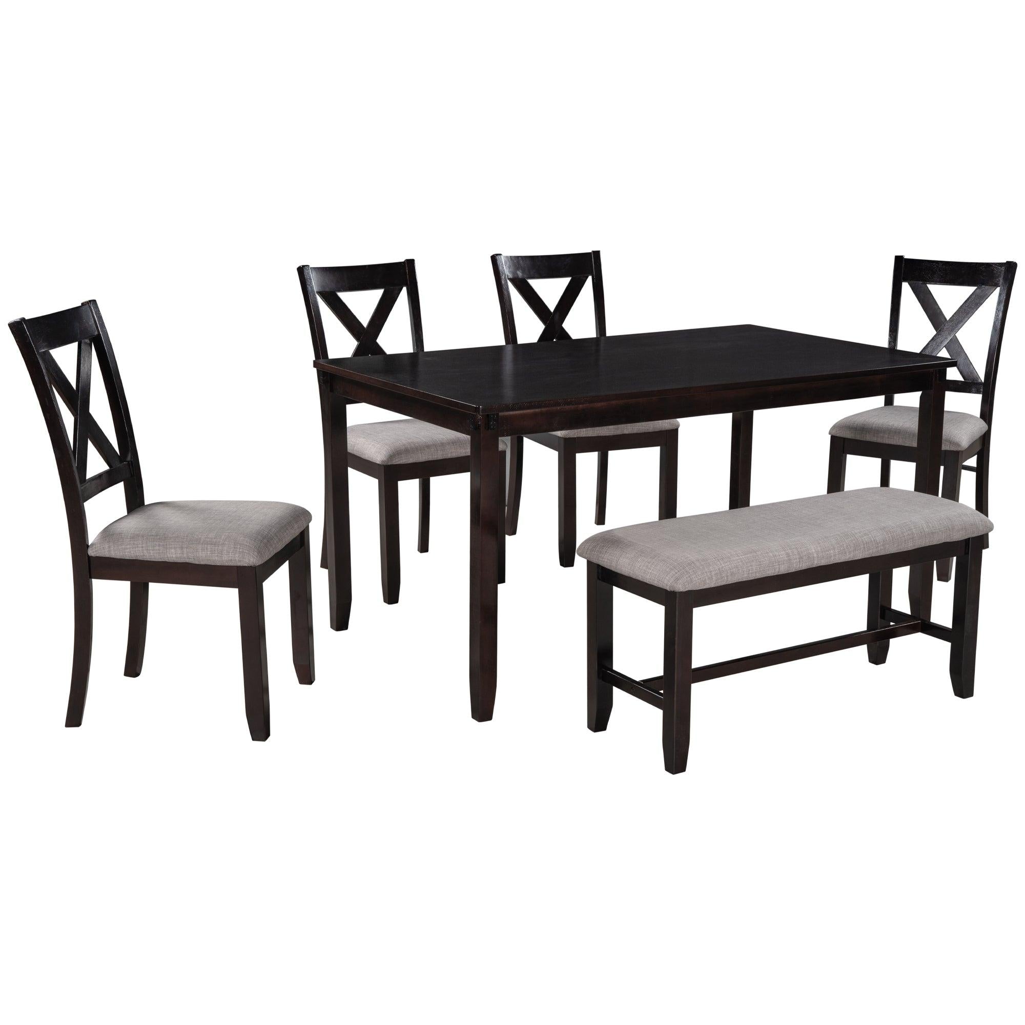 6-Piece Kitchen Dining Table Set Wooden Rectangular Dining Table, 4 Fabric Chairs and Bench Family Furniture (Espresso)