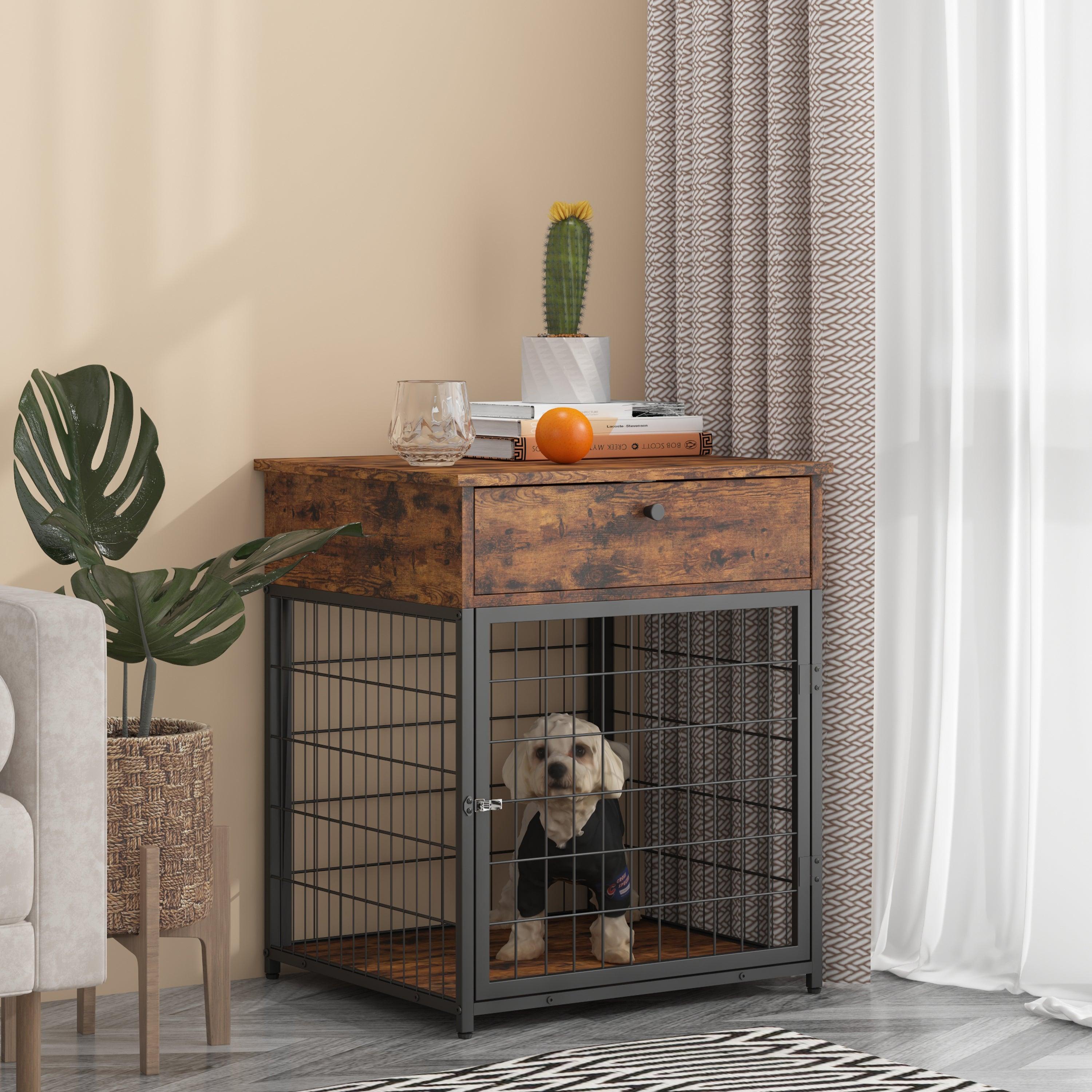 Furniture Style Wood Dog Crate End Table withStorage Console（Rustic Brown,19.69''w x 22.83''d x 26.97''h）