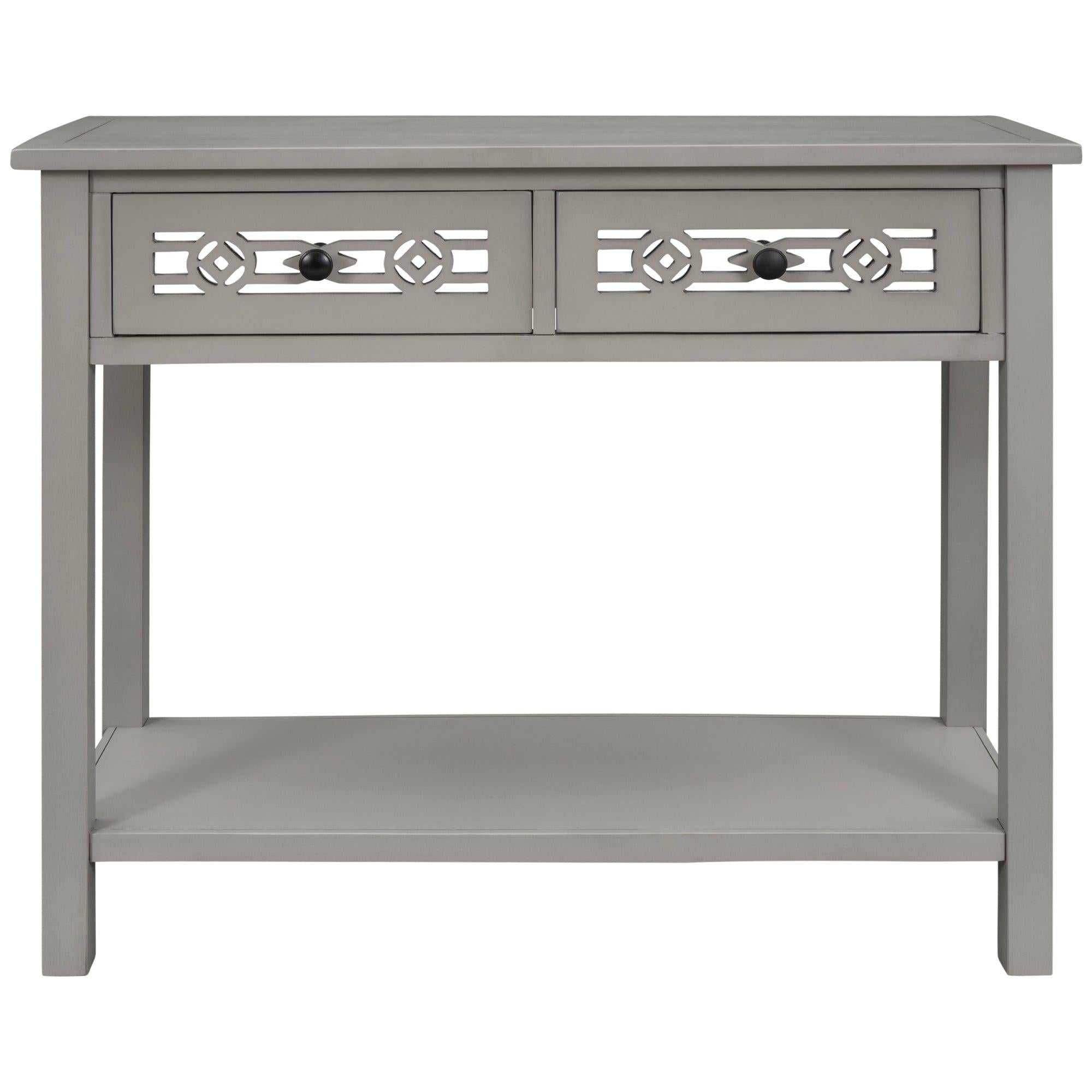 Classic Console Table with Hollow-out Decoration Two Top Drawers and Open Shelf LargeStorage Space (Silver)