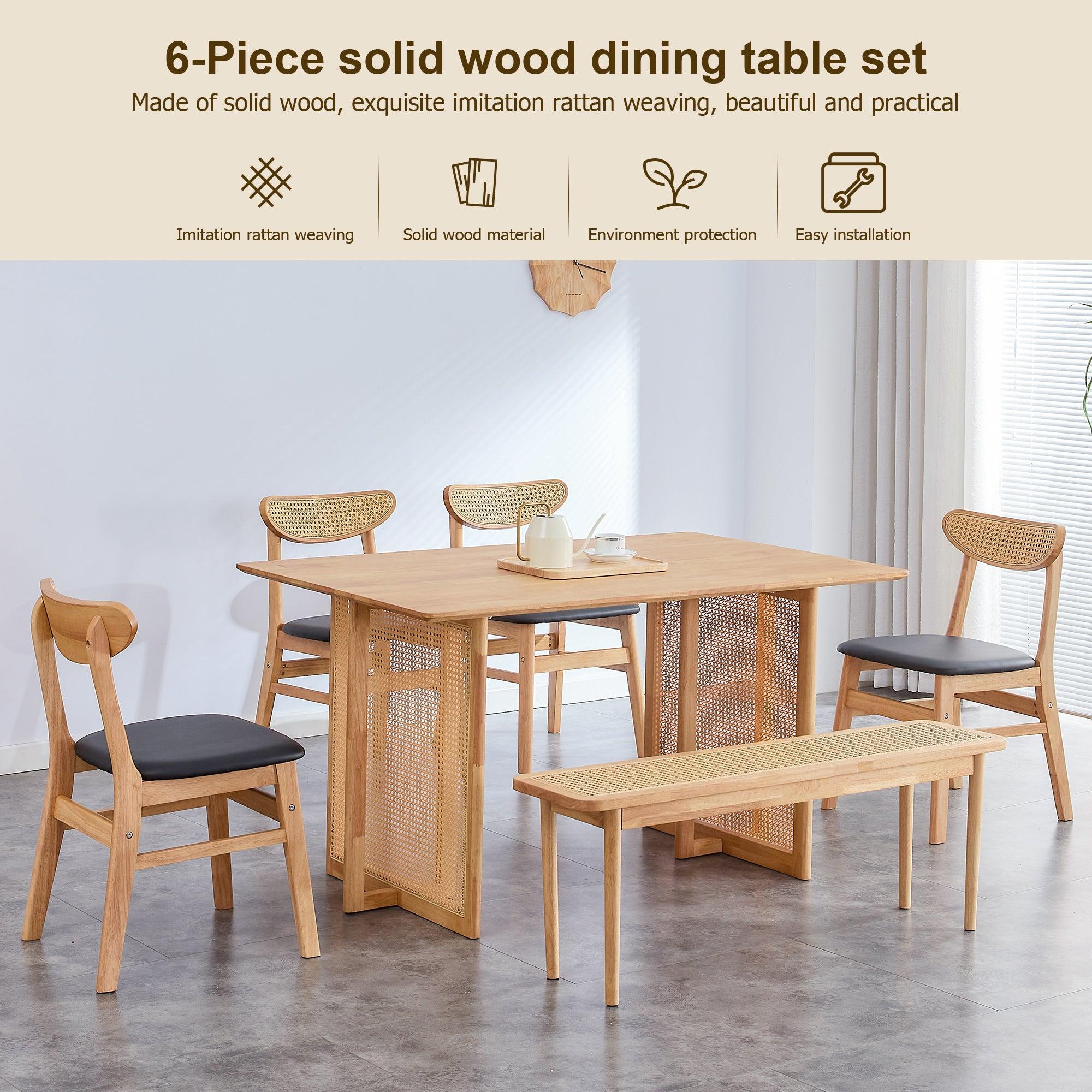 Solid wood dining table and 4-piece set of solid wood dining chairs and solid wood benche