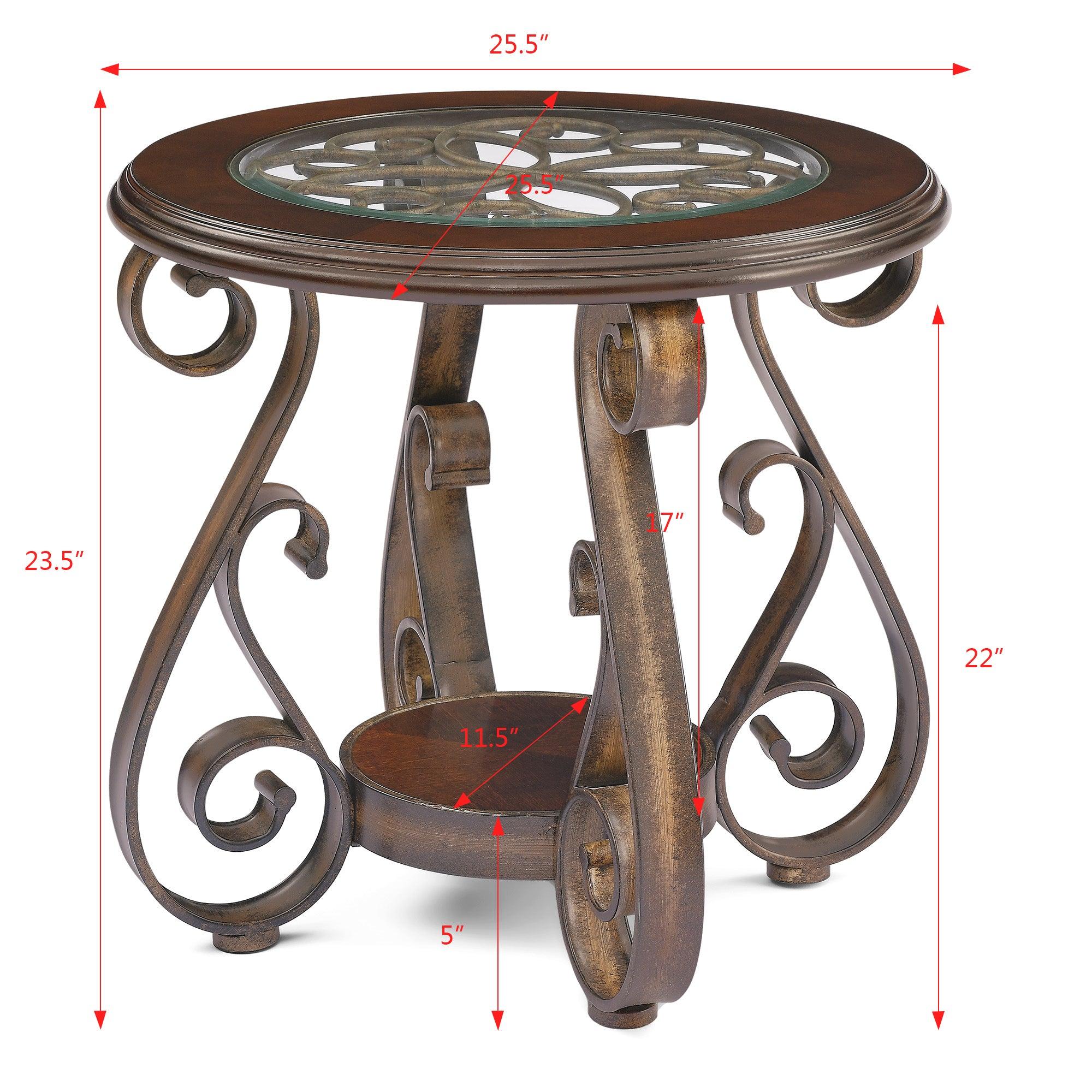 End Table with Glass Table Top and Powder Coat Finish Metal Legs，Dark Brown （25.5"X25.5"X23.5")