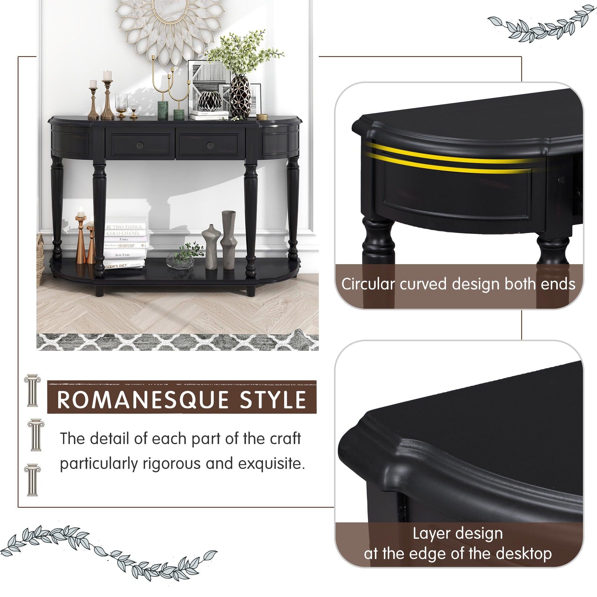 Retro Circular Curved Design Console Table with Open Style Shelf Solid Wooden Frame and Legs Two Top Drawers (Black)