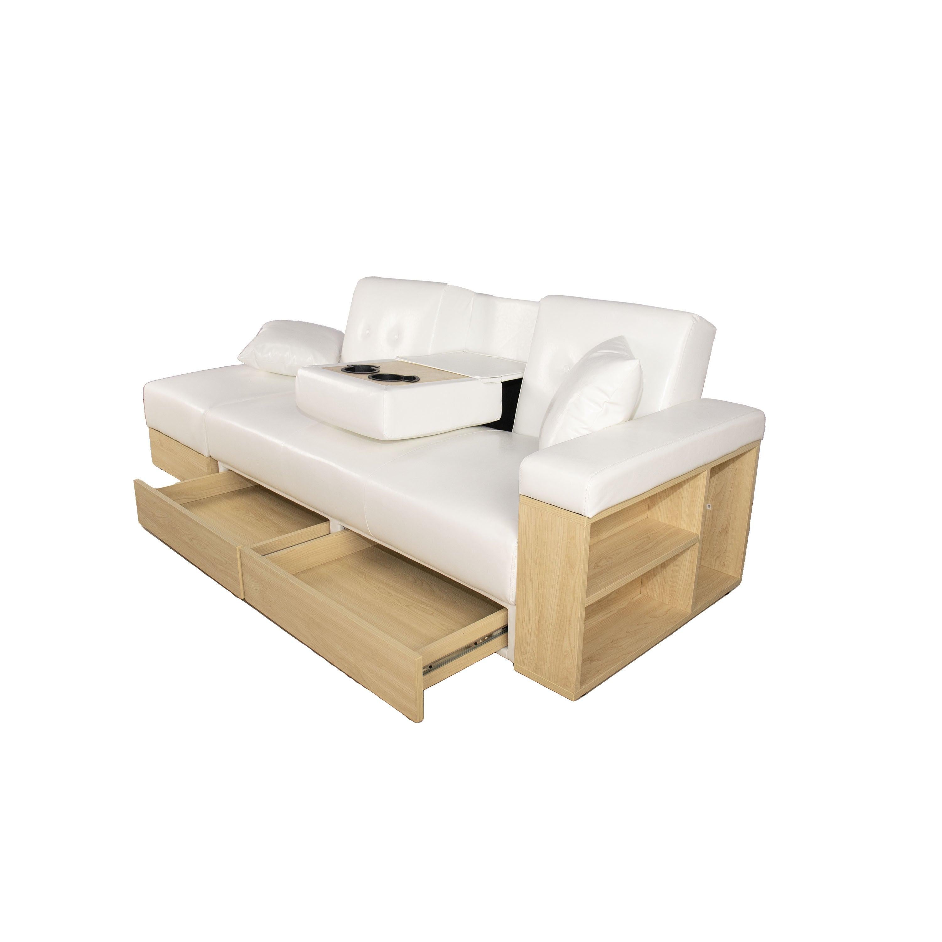 Multi-functional sofa, can sit, lie down, withStorage box and drawer, and theStorage box can be used as tea table and pedal(white)