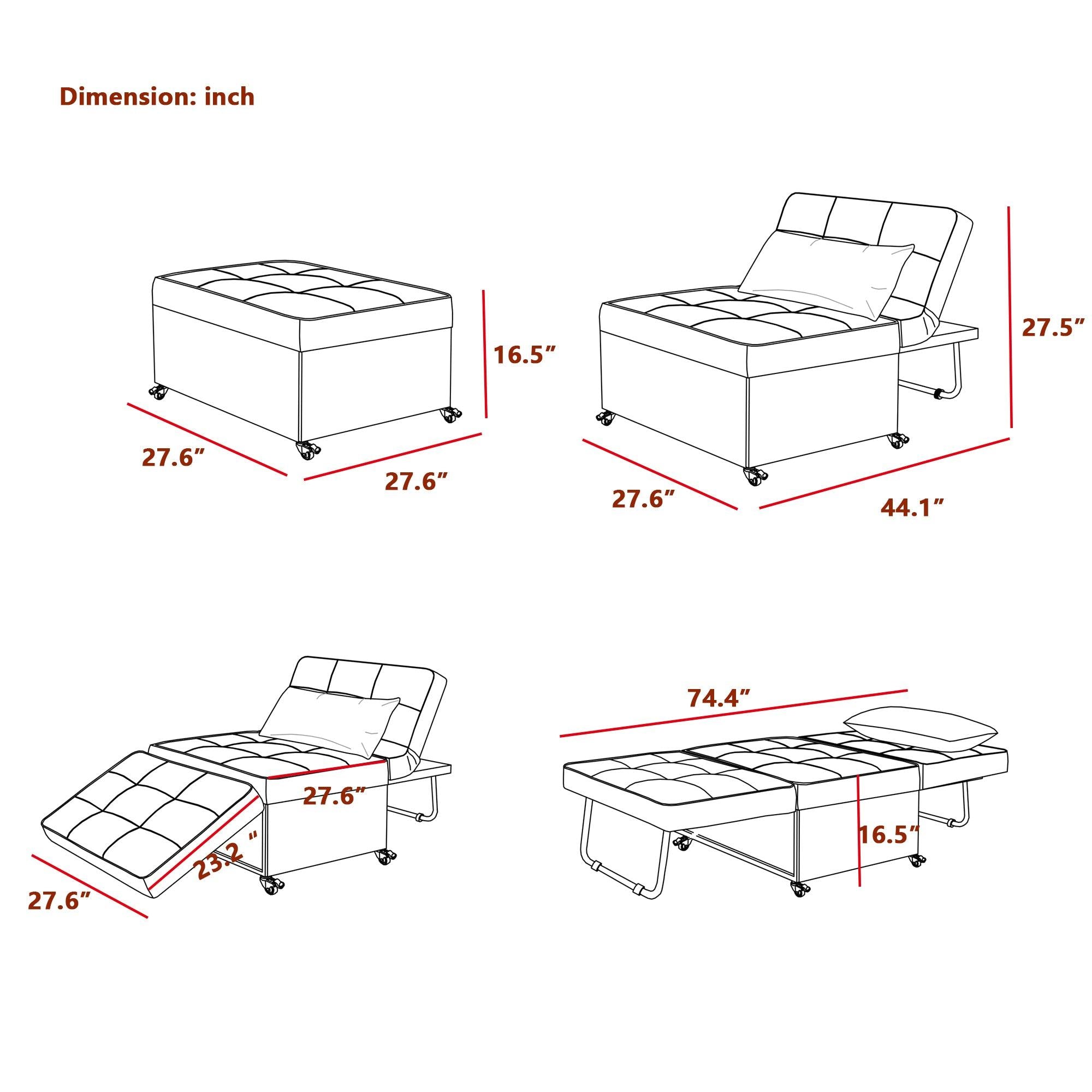 Velvet Folding Sofa Bed Sleeper Chair with Adjustable Backrest .