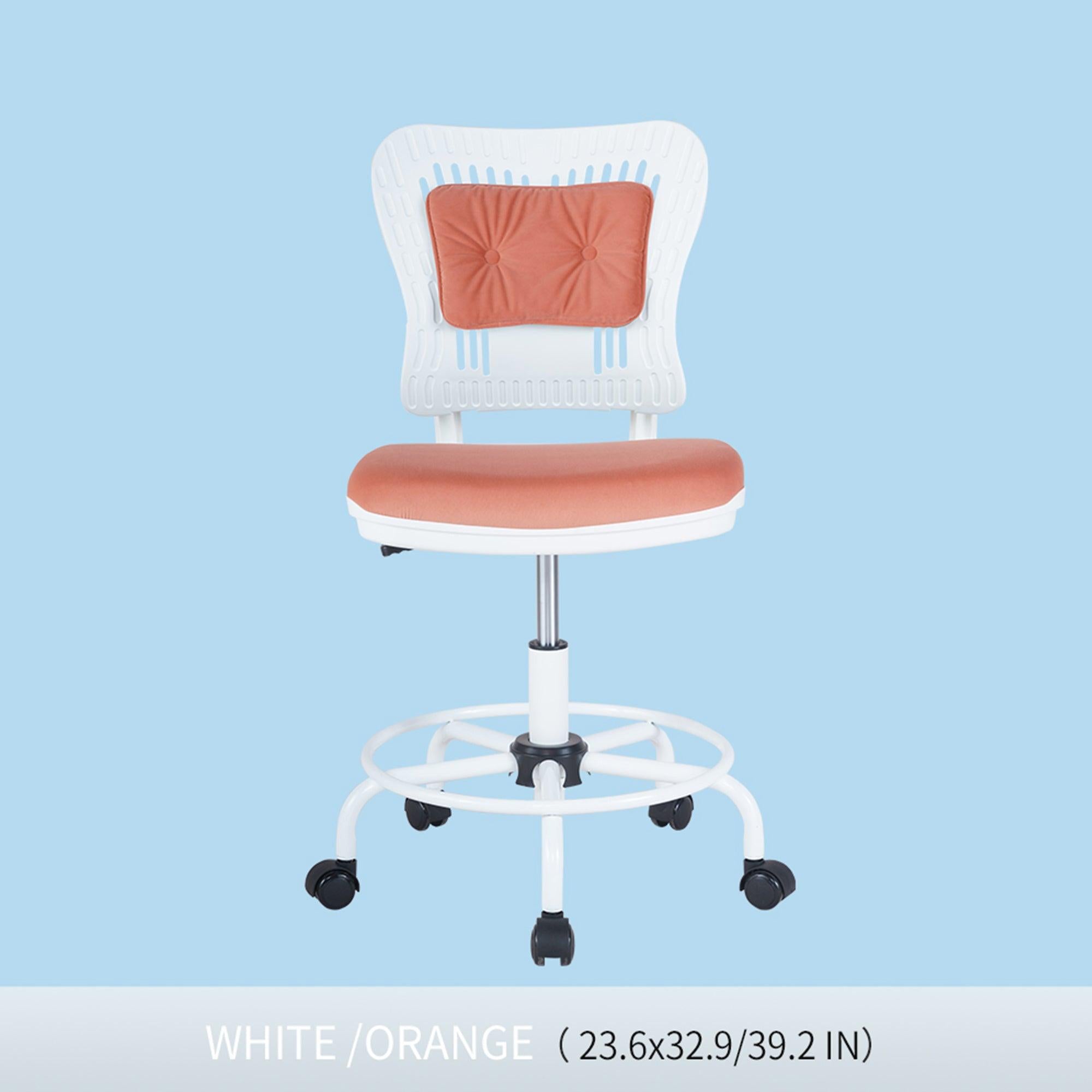 Home Office Desk Chair,Drafting Chair,Height Adjustable Rolling Chair, Armless CuteModern Task Chair for Make Up and Teens Homework,White+Orange image