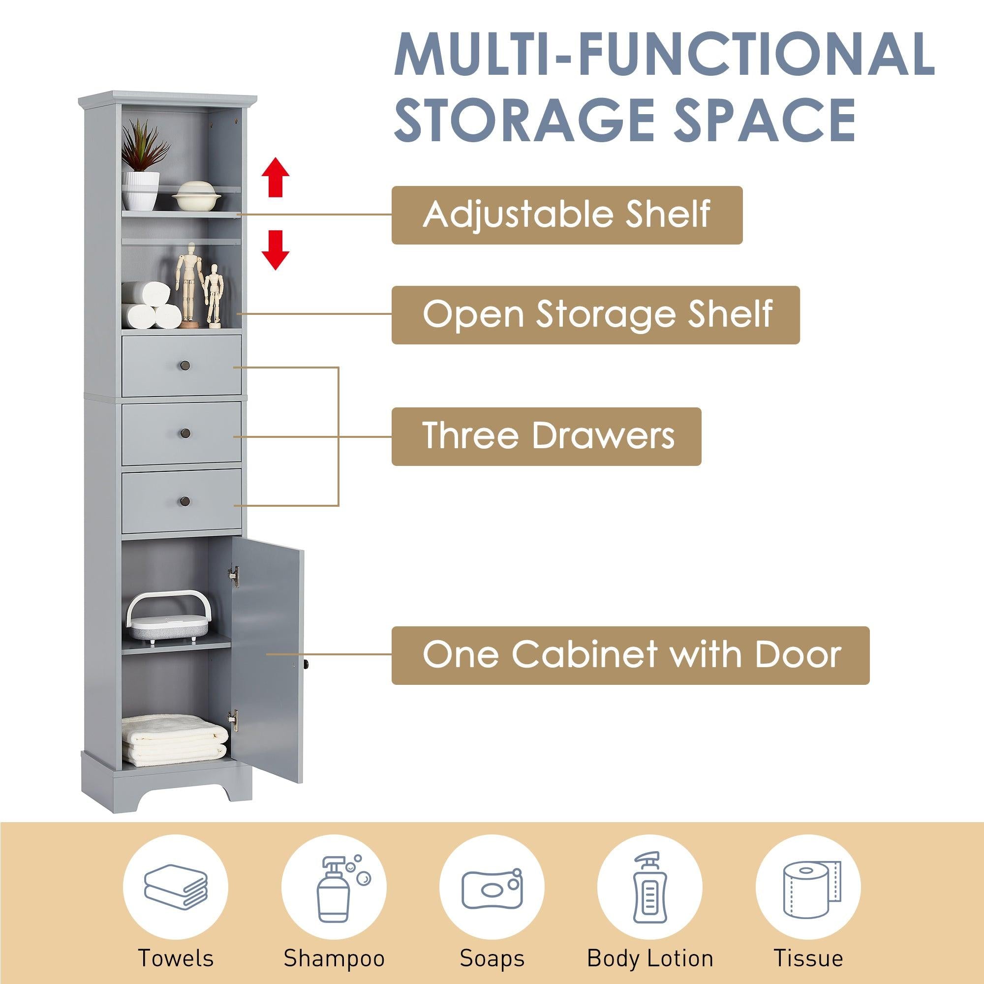 Grey Tall Bathroom Cabinet, FreestandingStorage Cabinet with 3 Drawers and Adjustable Shelf, MDF Board with Painted Finish