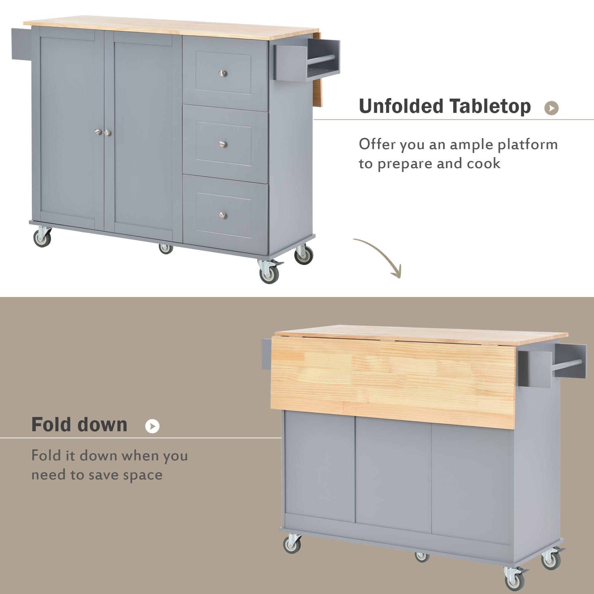 Rolling Mobile Kitchen Island with Solid Wood Top and Locking Wheels，52.7 Inch Width，Storage Cabinet and Drop Leaf Breakfast Bar，Spice Rack, Towel Rack & Drawer （Grey Blue）