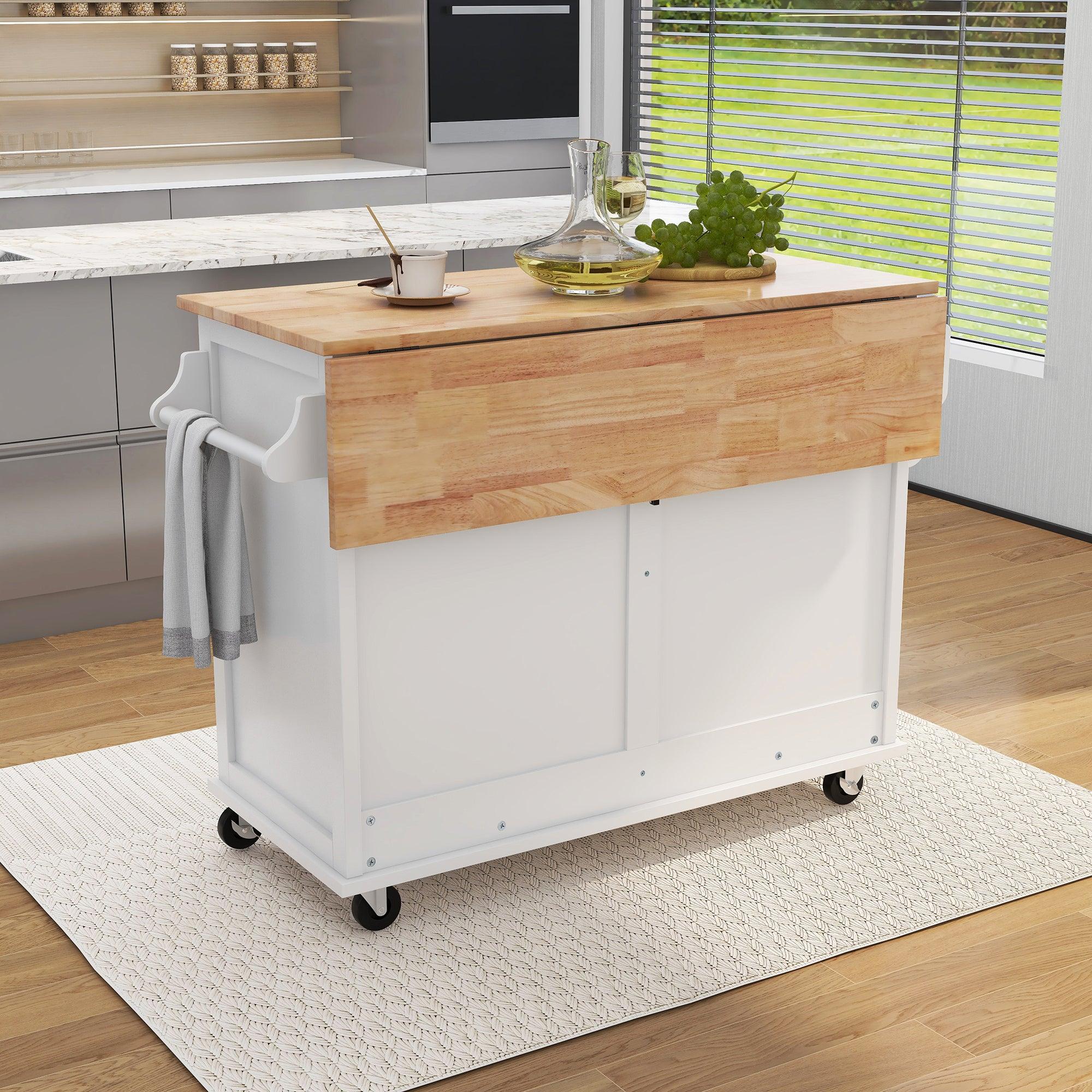 Kitchen Cart with Rubber wood Drop-Leaf Countertop, Concealed sliding barn door adjustable height,Kitchen Island on 4 Wheels withStorage Cabinet and 2 Drawers,L52.2xW30.5xH36.6 inch, White