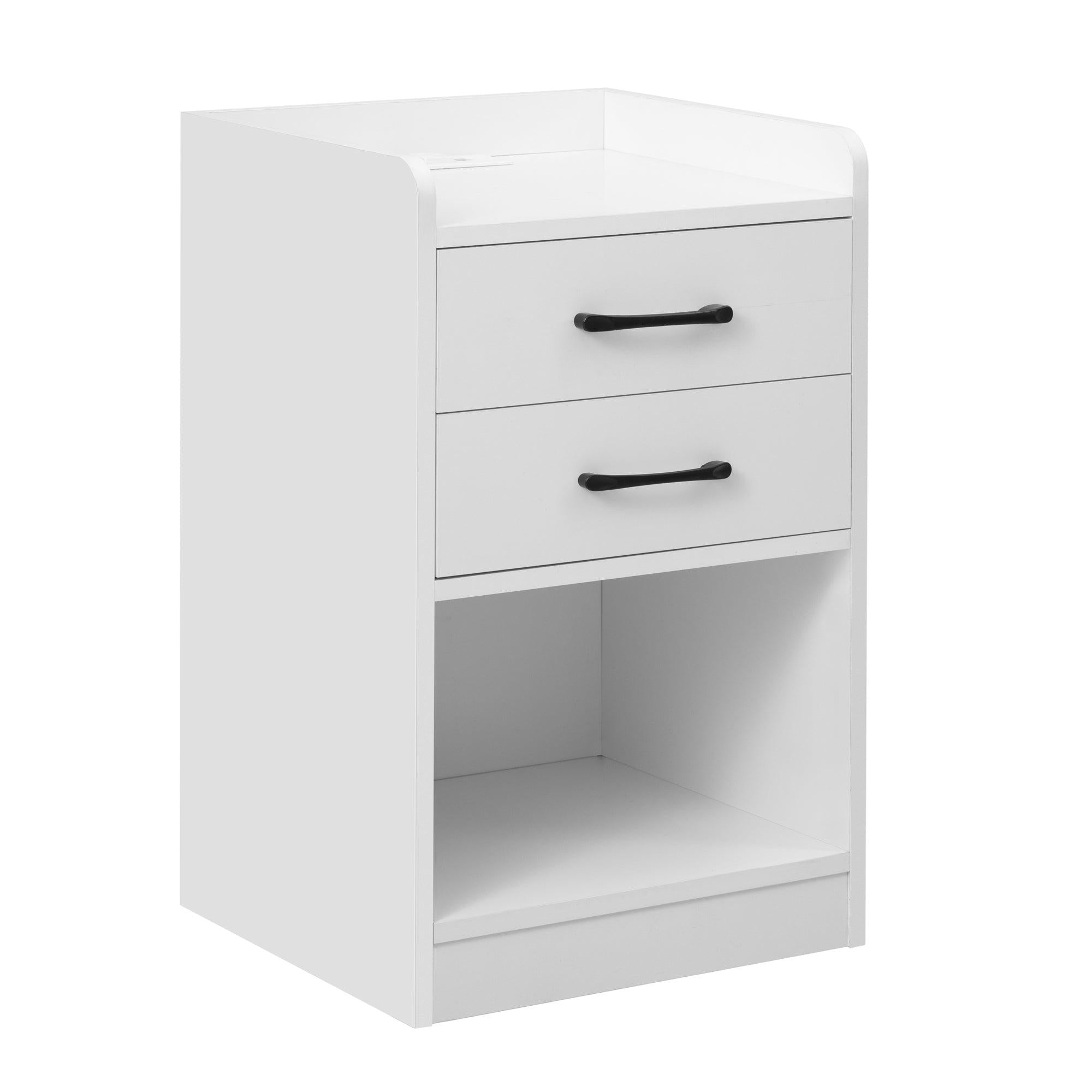 Nightstand with 2 Drawers and Cabinet,USB Charging Ports,Wireless Charging and Remote Control LED Light-White