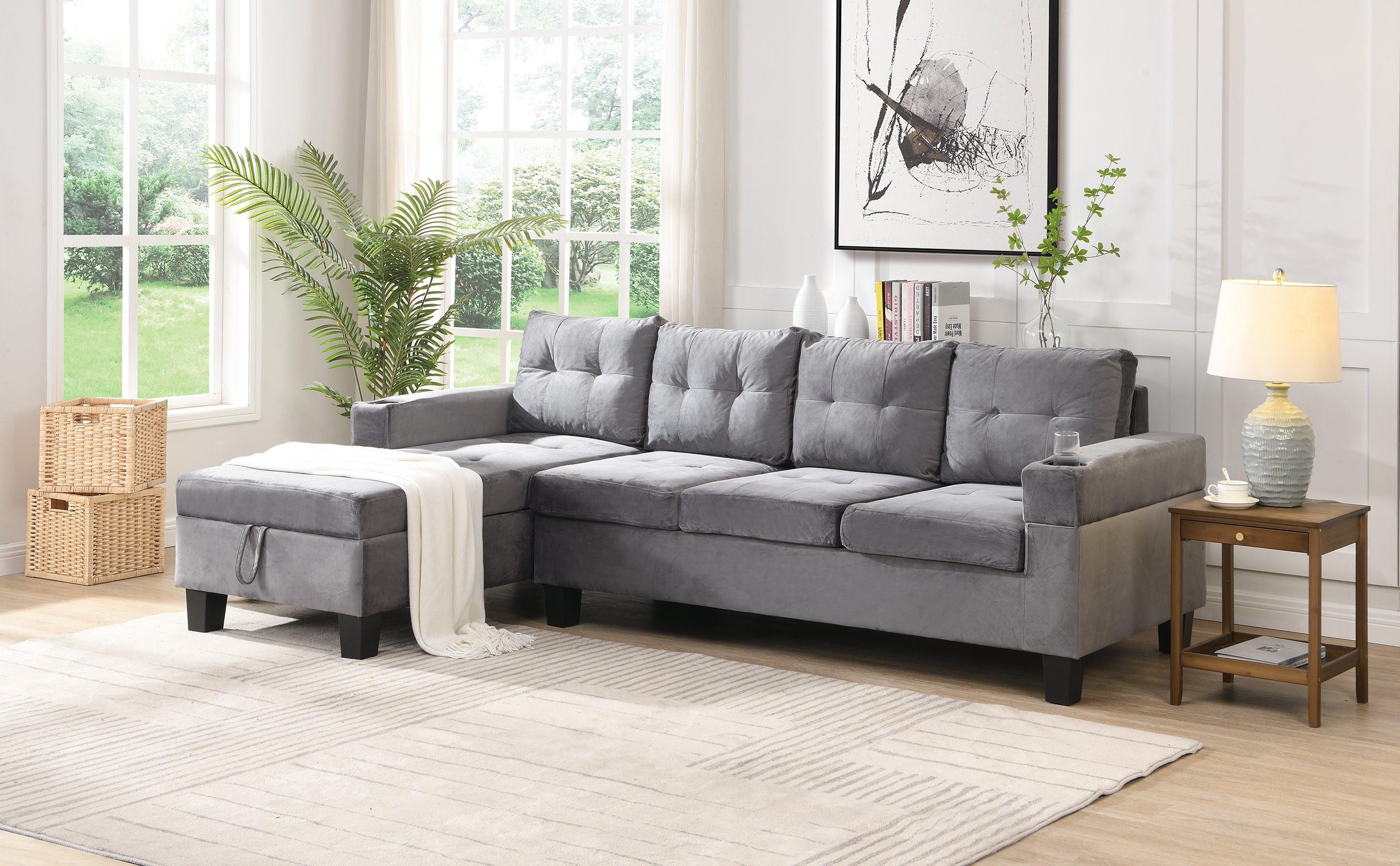 Sectional Sofa Set for Living Room with L Shape  Chaise Lounge ,cup holder and  Left  Hand withStorage Chaise Modern 4 Seat (Grey) 
--LEFT CHAISE WITHStorage image