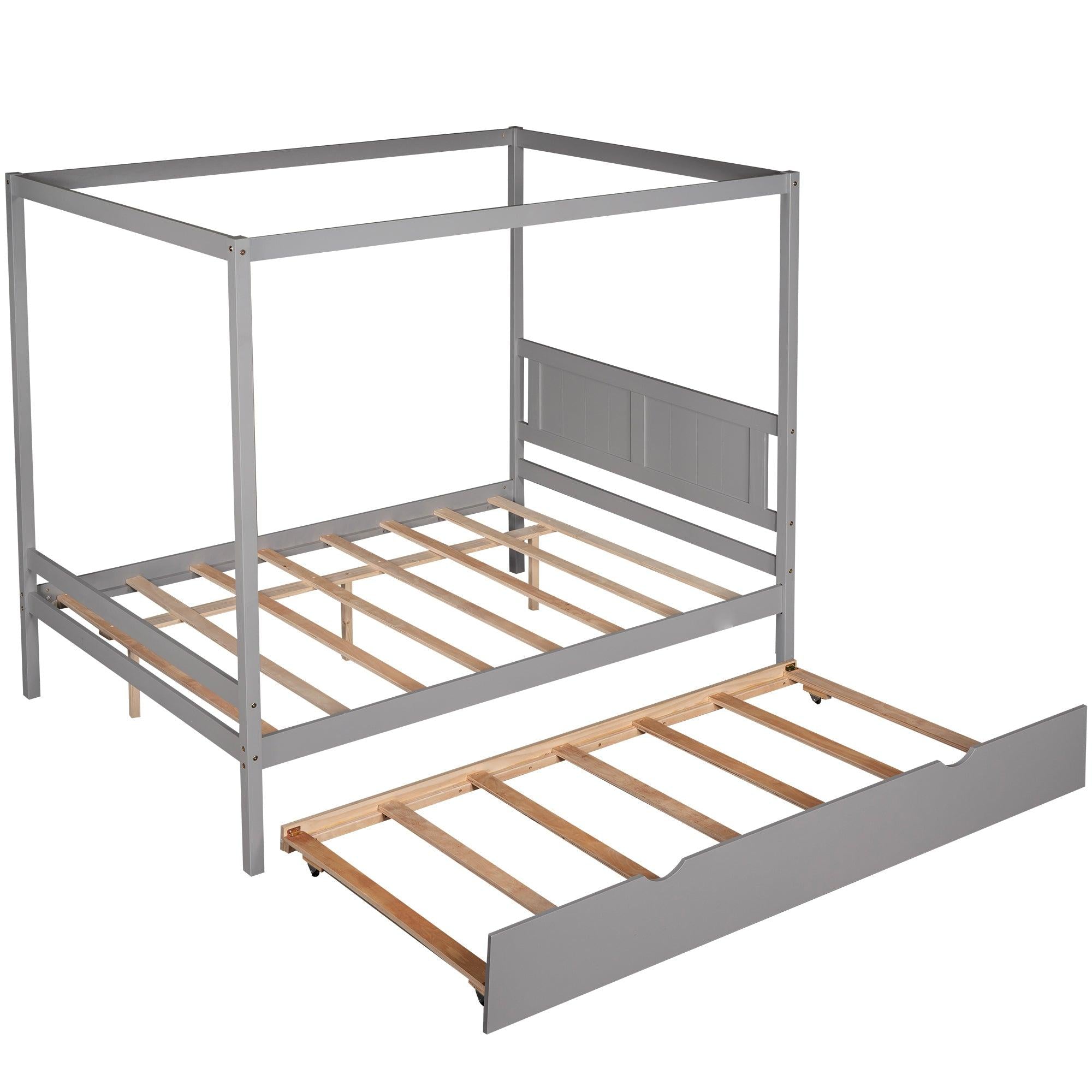 Full Size Canopy Platform Bed with Trundle,With Slat Support Leg,Gray